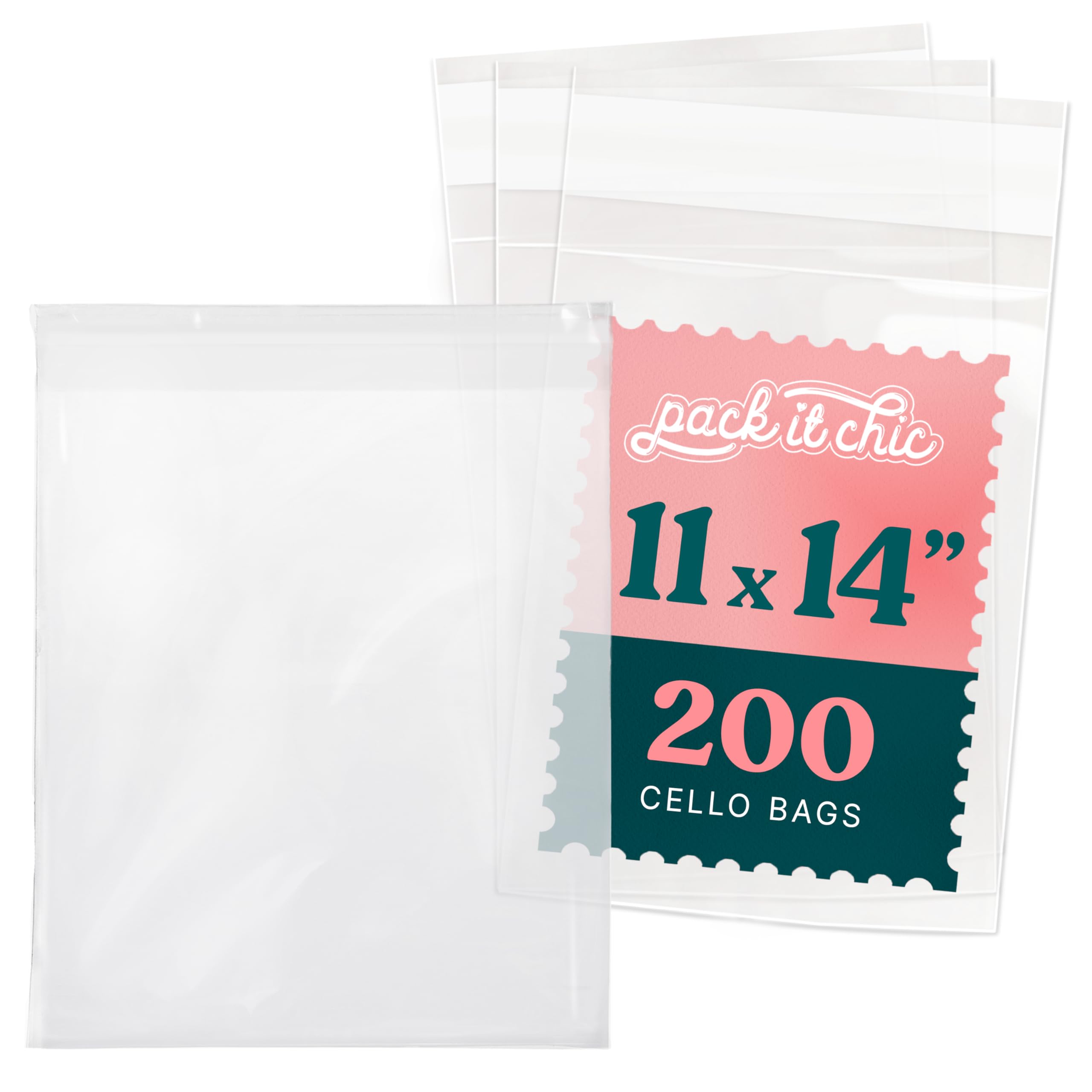 Pack It Chic - 11” X 14” Self Sealing Cellophane Bags (200 Pack) - Resealable Adhesive Clear Bags for Gifts, 11X14 Photos, Prints, Envelopes, Documents