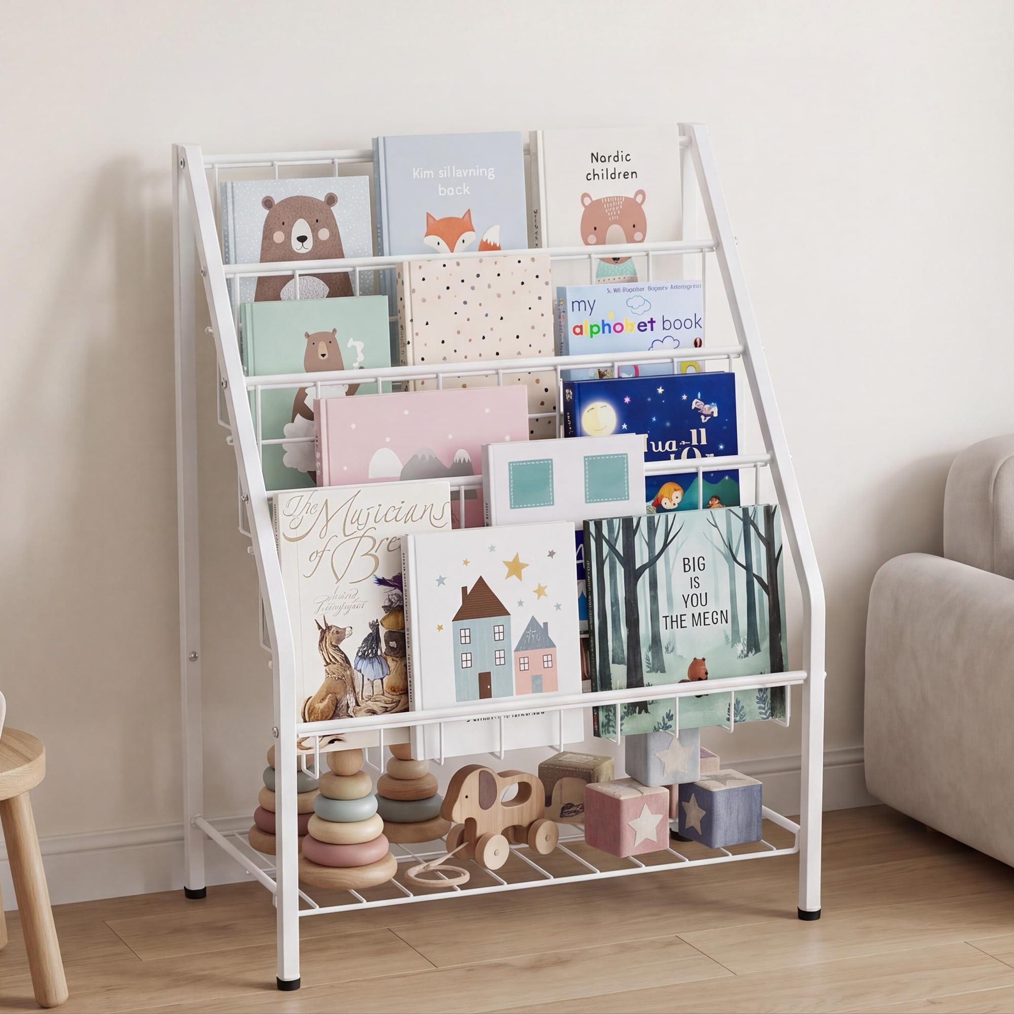 JAQ Kids Bookshelf for Toddlers, 4-Tier Toddler Bookshelf, Forward Facing Kids Book Shelf, Metal Book Display Shelf for Nursery, Playroom & Classroom, Sling Bookshelf for Small Spaces, White, 24.8"