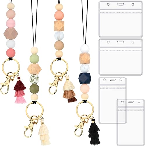 Miniatura 8 de 4 cordones para profesores para tarjetas de identificación y llaves, lindo cordón de silicona con cuentas con 4 soportes para tarjetas para mujeres,