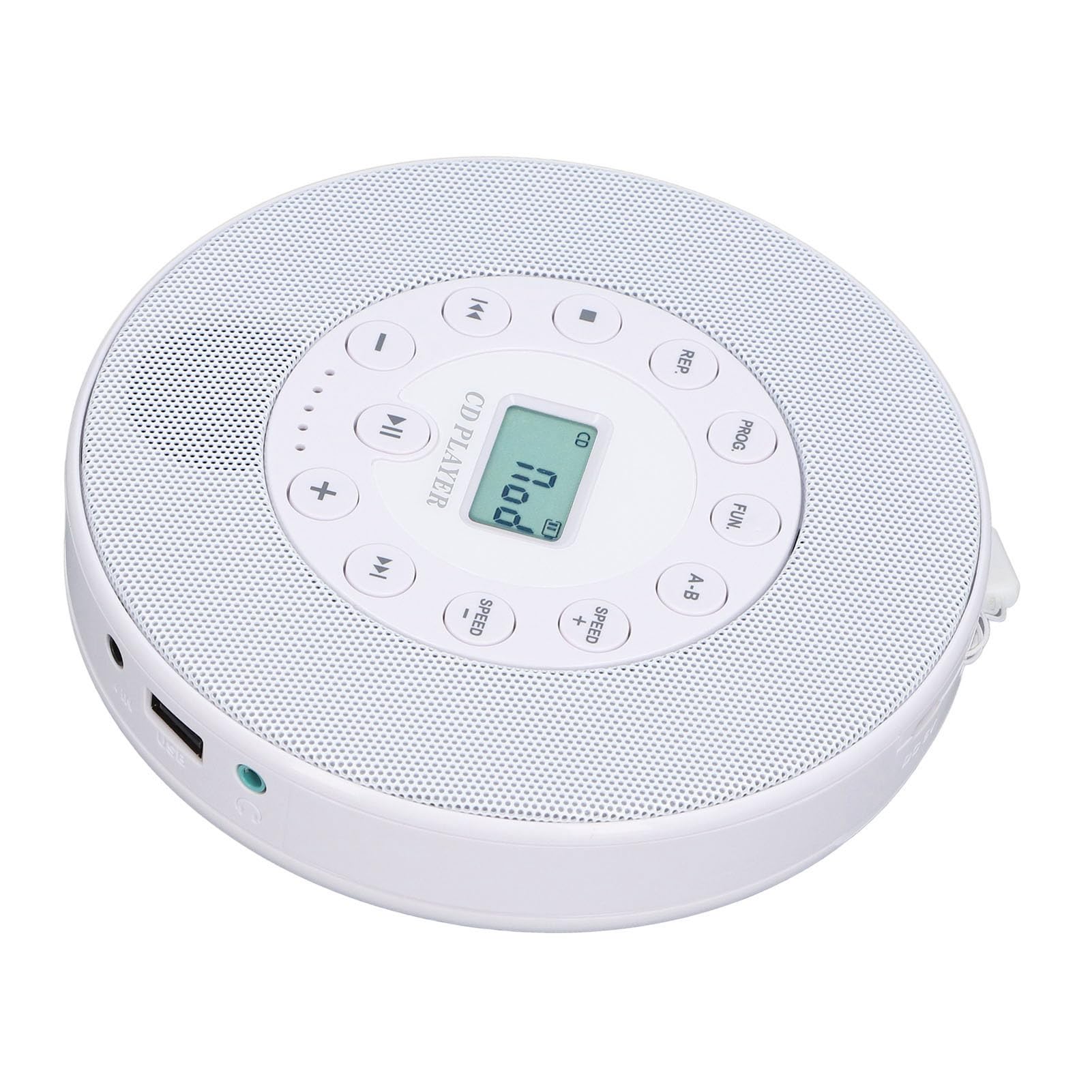 Greensen Lettore CD Portatile, Lettore CD Bluetooth ABS con Altoparlante Integrato, Batteria Ricaricabile da 2000 MAh, Uscita da 3,5 Mm, Riproduzione MP3 USB per Ascolto in Auto e a Casa (WHITE)