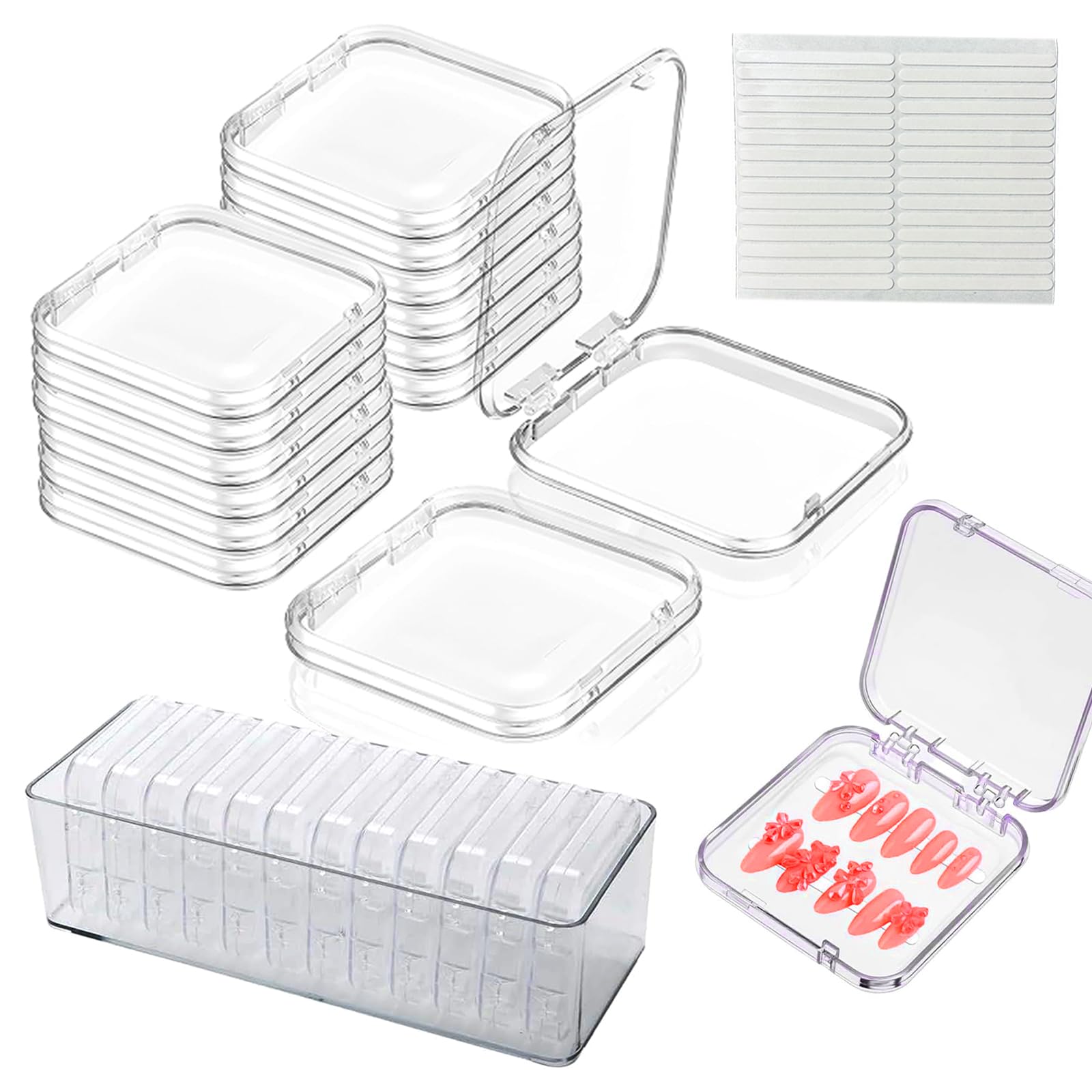12Pcs Press on Nail Packaging Boxes, False Nail Container Organizer Clear Nail Display Case with 1 All-In-One Acrylic Storage Box and 30pcs