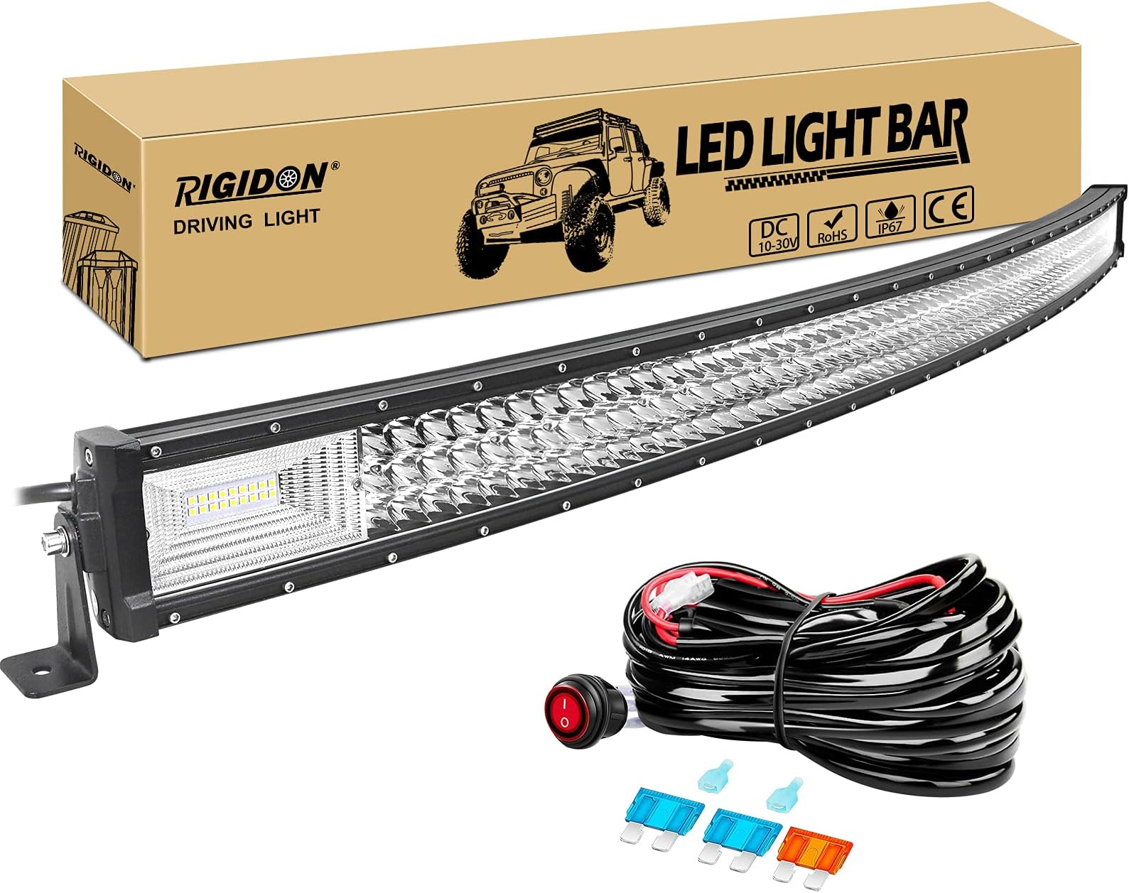 RIGIDONCurved Thin Slim Led Light Bar 52 inch 675W With 12V Wiring Harness Cable Kit, Fog Light for Car Off road Truck ATV 4x4, Flood Spot Combo Beam, Waterproof Driving Work Lamp, 6000K White