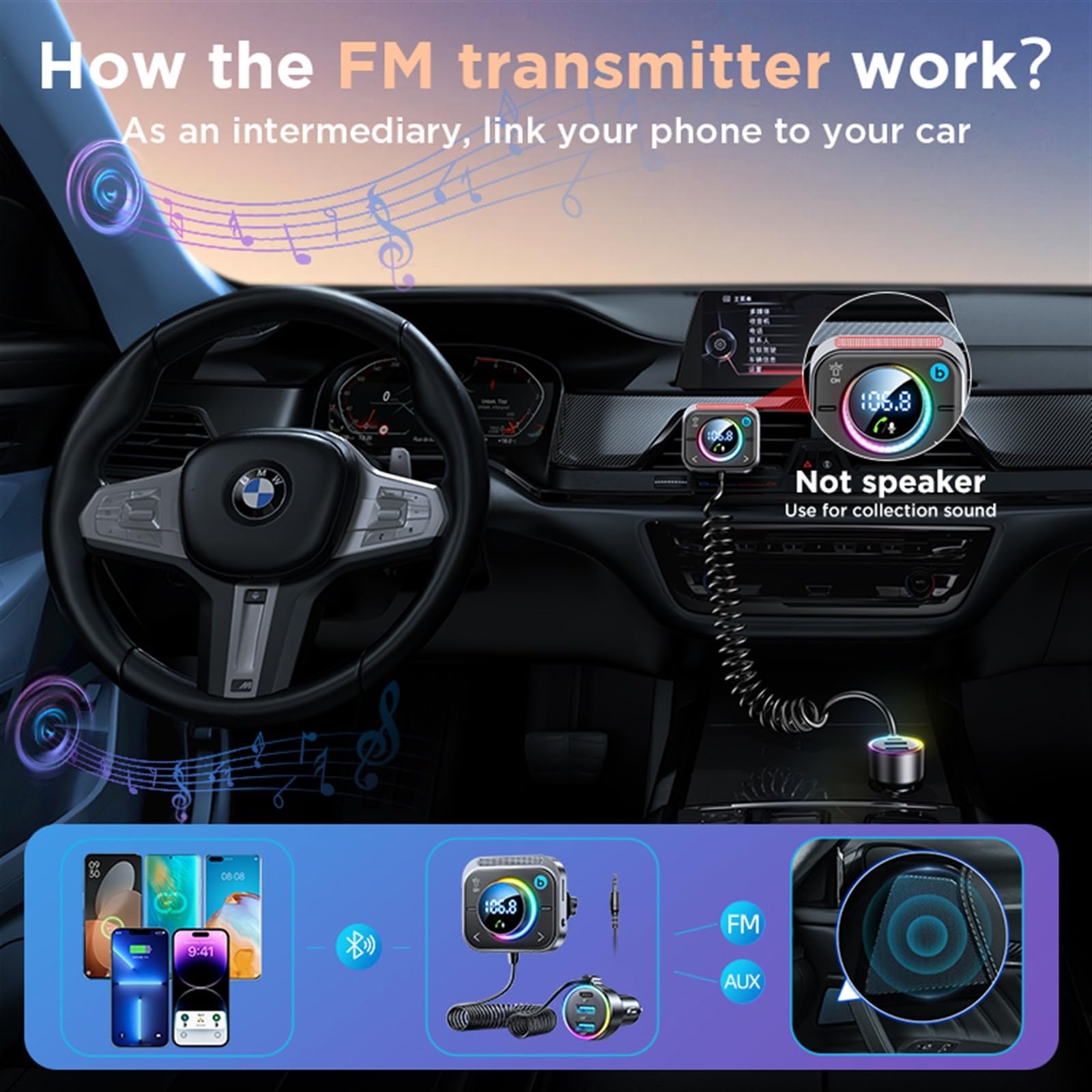 Adaptador de Coche Bluetooth 5.3 FM AUX Bluetooth Instalación en la Rejilla de ventilación Refuerzo de Graves 3 Puertos PD QC 3.0 Cargador de Coche Transmisor