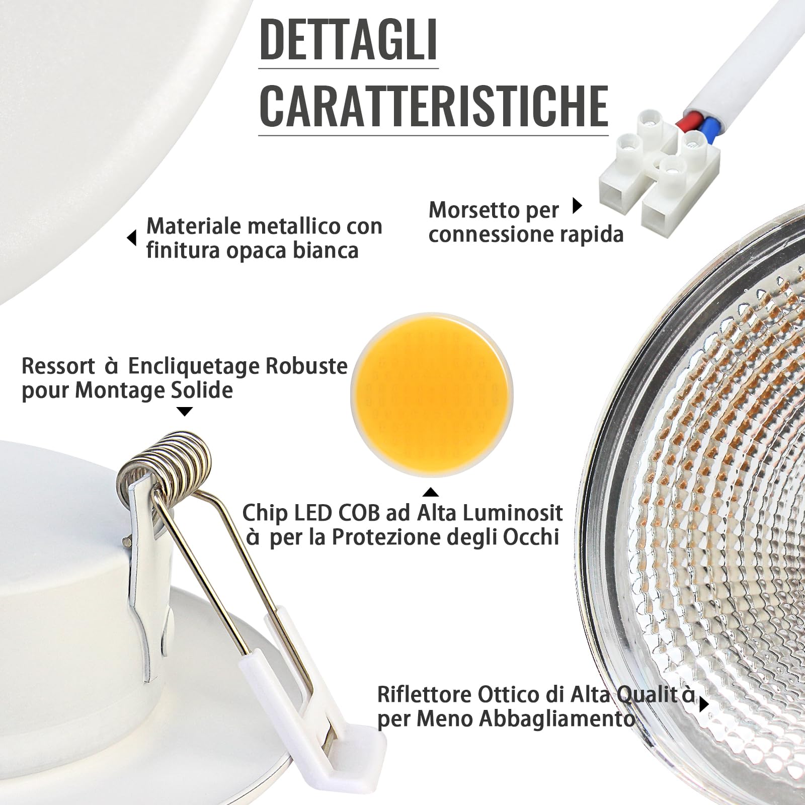 6x 10W Faretti LED da Incasso per Cartongesso,850LM Foro 65-85mm Luce Calda 3000K per Cucina,Interno,Faretti Led Soffitto COB 220V Equivalenti a 100W