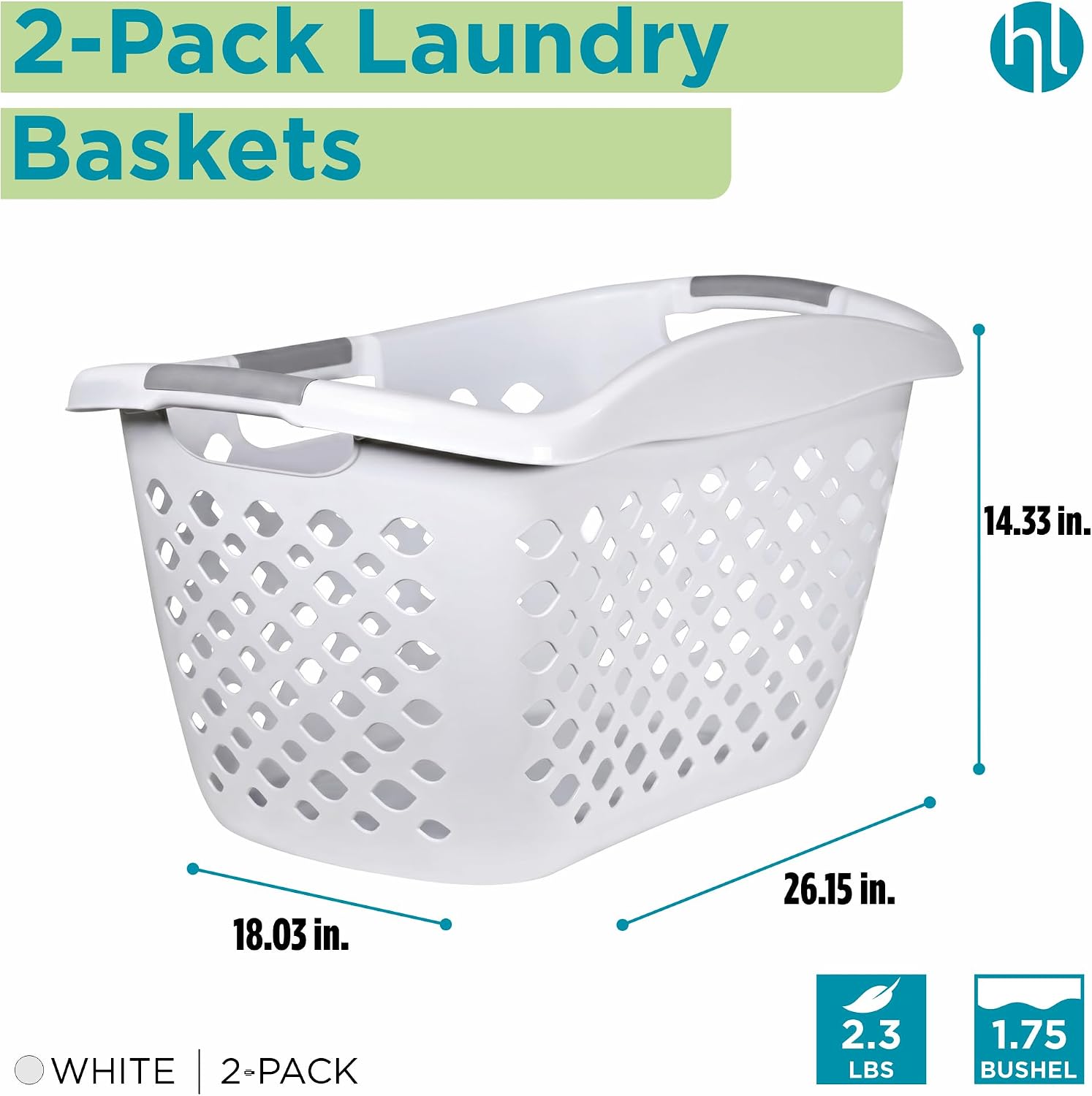 Home Logic 1.75 Bushel Plastic Laundry Basket with Hip Grip, Large Laundry Hamper with Handles, Ventilated Clothes Organizer for Bedroom Bathroom Closet, 2 Pack, White image 2
