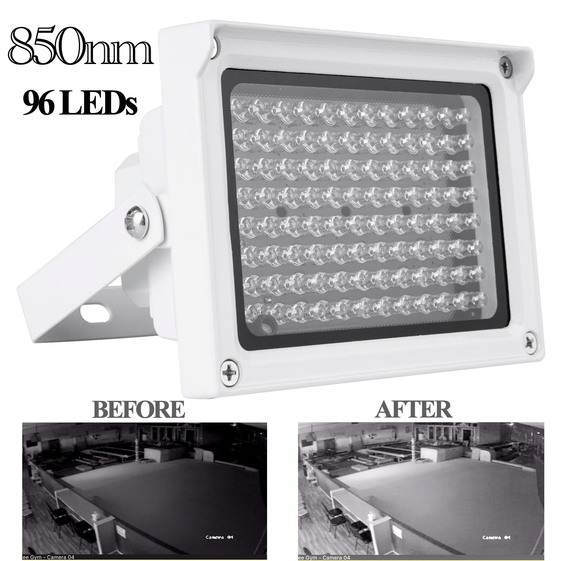 850nm IR Light, 96 LED Infrared Light, IP65 Waterproof IR Illuminator, IR Lights for Night Vision, CCTV Security Cameras, Indoor Warehouse Outdoor Backyard, Range 65.6ft, Angle 60 Degree