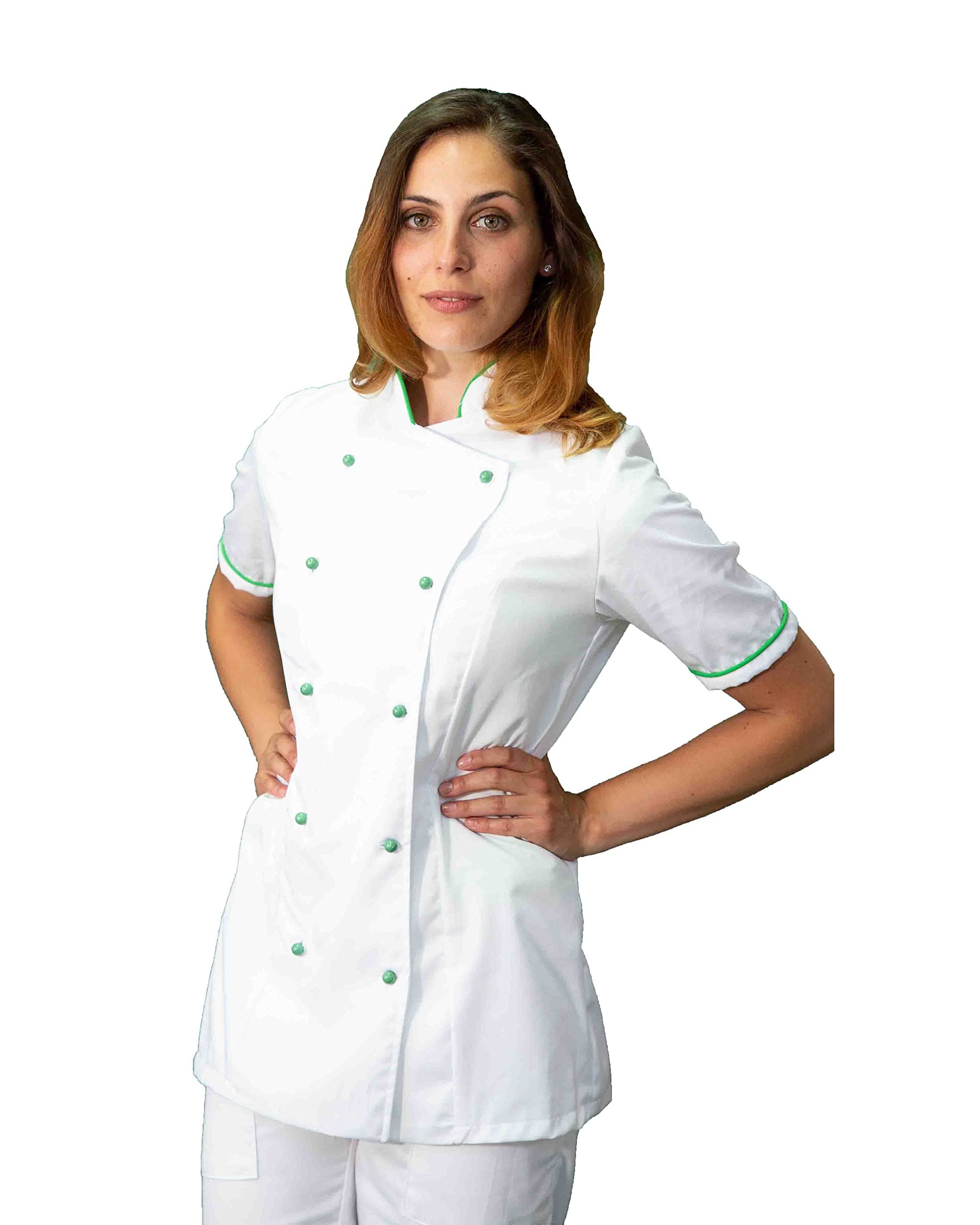 Bordado gratis - Conjunto de cocinero para mujer, blanco y verde, uniforme de chef personalizable M/C, chaqueta, pantalones y delantal - Uniforme para cocina y restaurante - Made in
