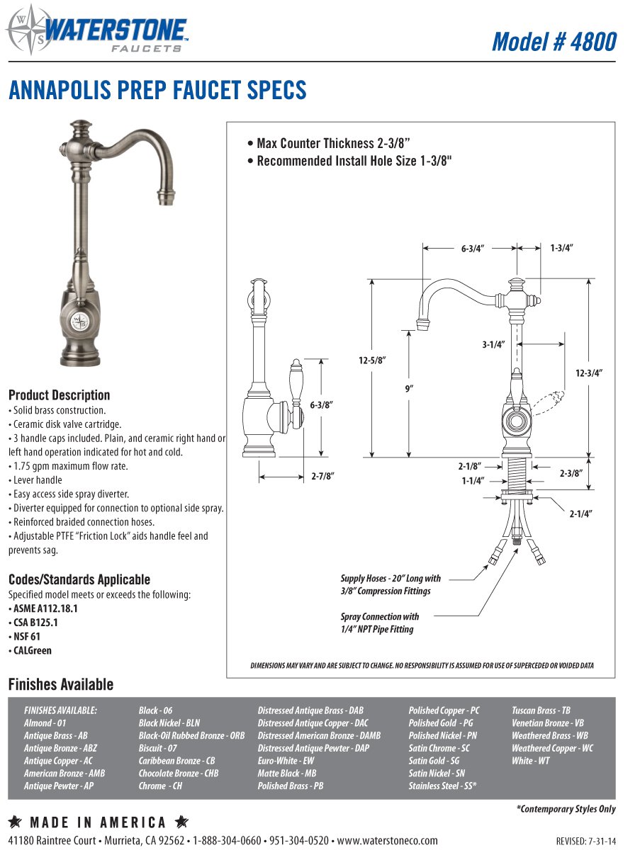 Waterstone 4800-4-AB Annapolis Prep Faucet 4pc Suite Antique Brass — view 2