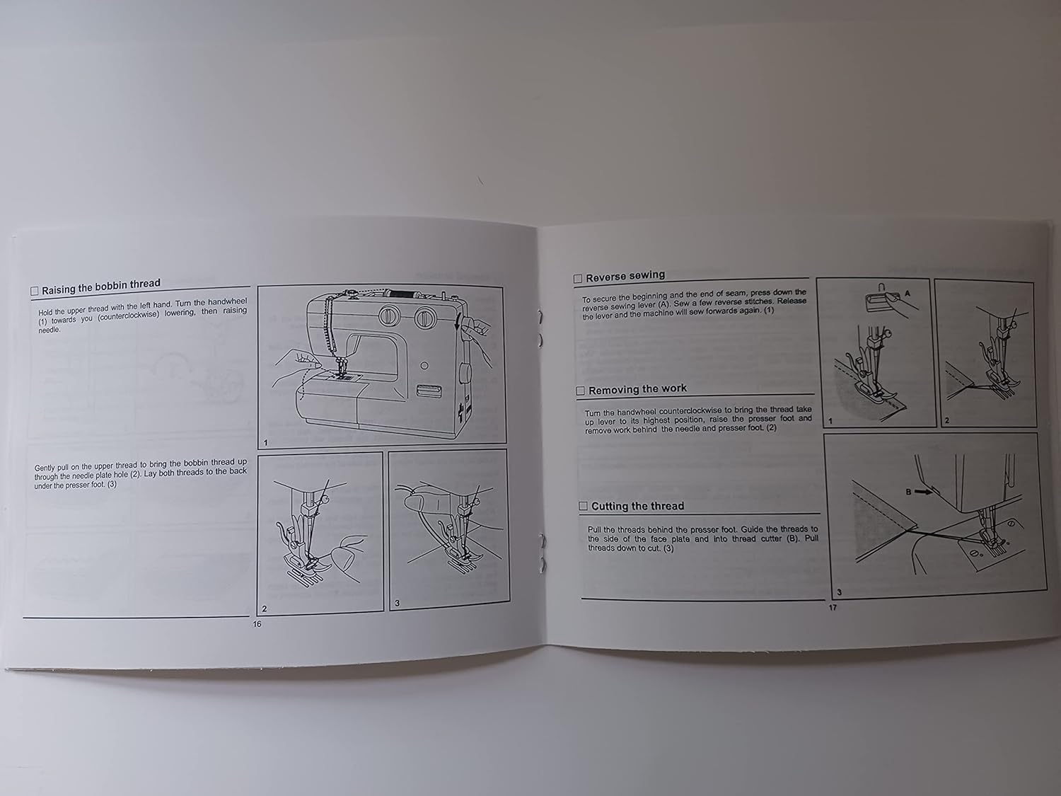 Singer 1120 manual page showing diagrams for raising the bobbin thread, reverse sewing, removing work, and cutting thread.