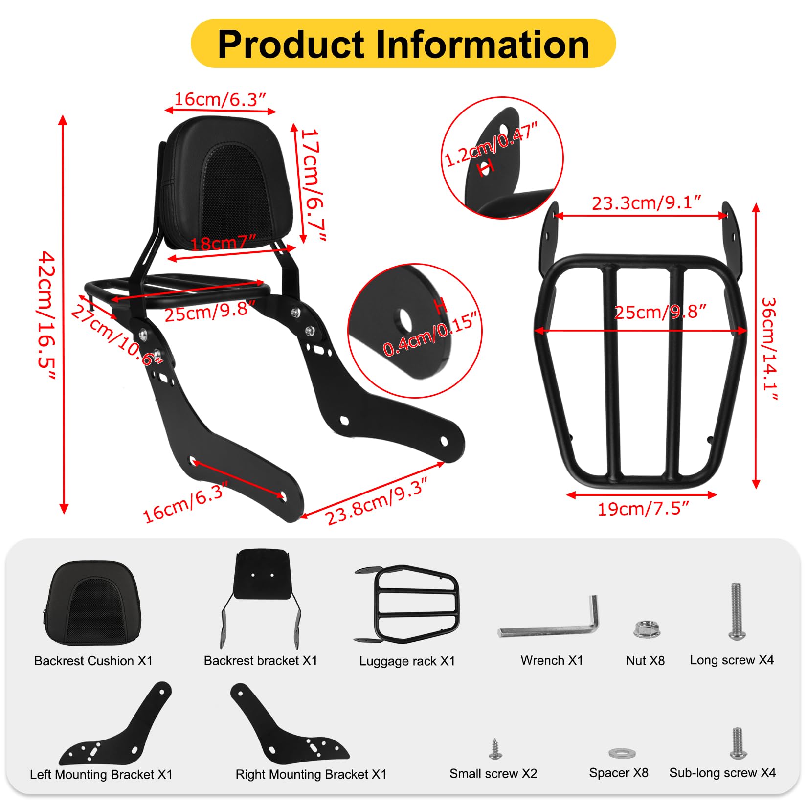 Coussin de Siège de Dossier Arrière de Moto avec Porte-Bagages pour Rebel CMX1100 CMX1100T DCT 2021-2025, PSLER Dossier Passager Sissy Bar avec Support de Chargement Moto Accessoires