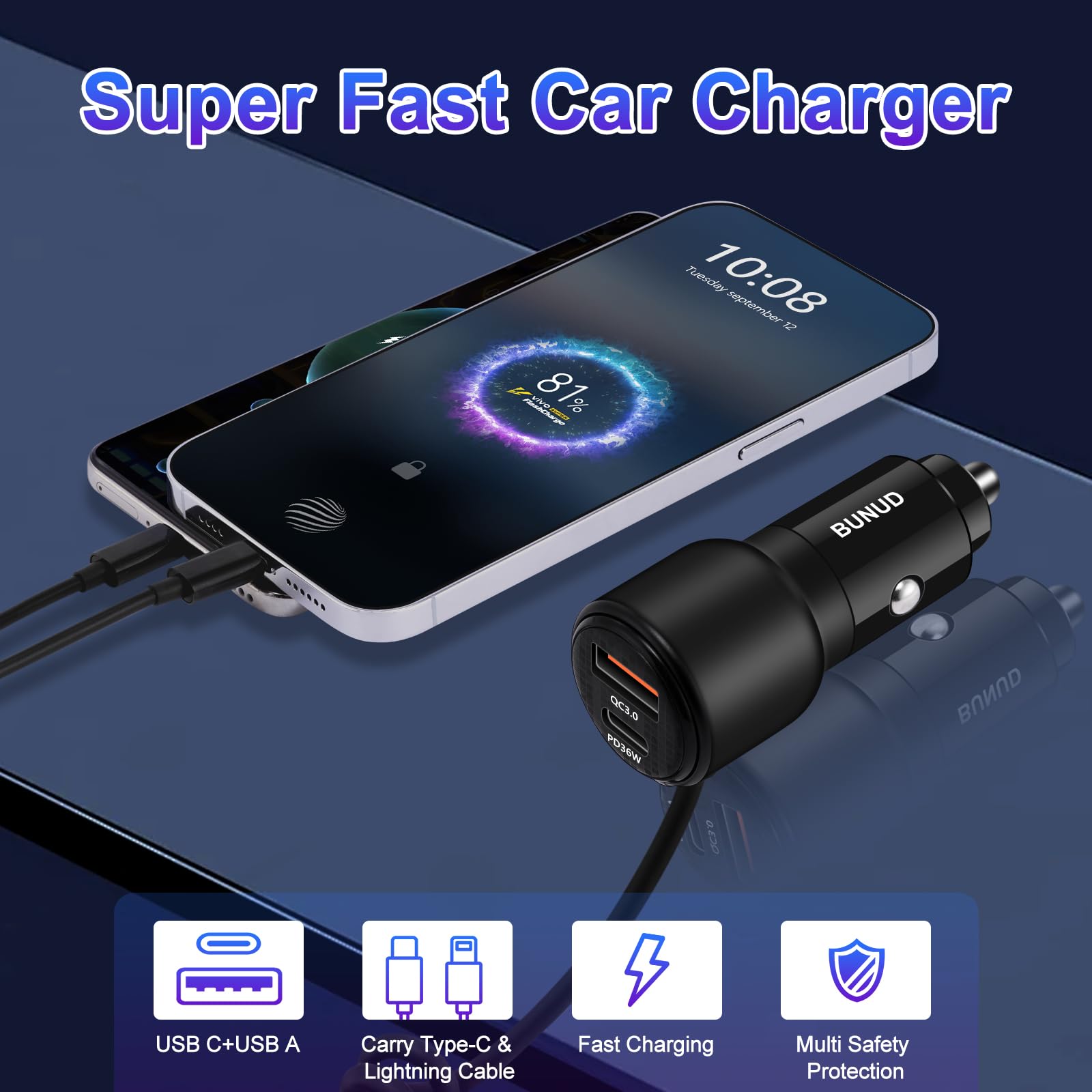 BUNUD Caricabatteria da auto USB C: 66 W, ricarica rapida, adattatore per accendisigari PD&QC3.0, doppia porta con cavo retrattile da 1,5 m, per iPhone 16/15/Galaxy S24/S23, ideale per conducenti