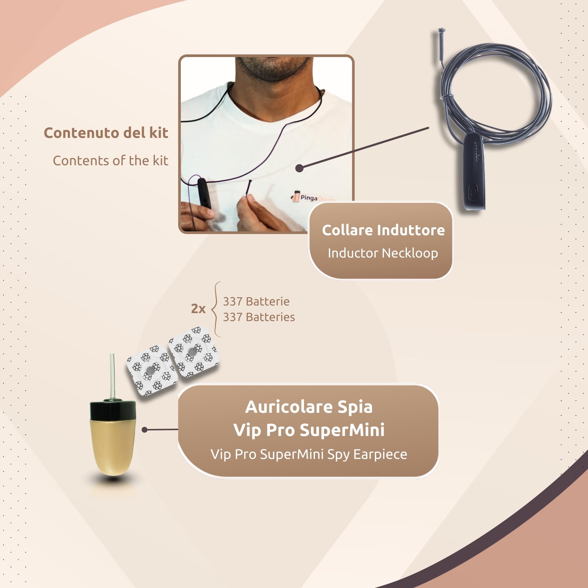 PingaOculto Cuffie Spia Esami (Vip Pro SuperMini Bluetooth Microfono Cavo) | Senza fili, Pulsante multifunzione, Chiamate e registrazioni, Collare a induzione, iPhone e Android, Volume elevato