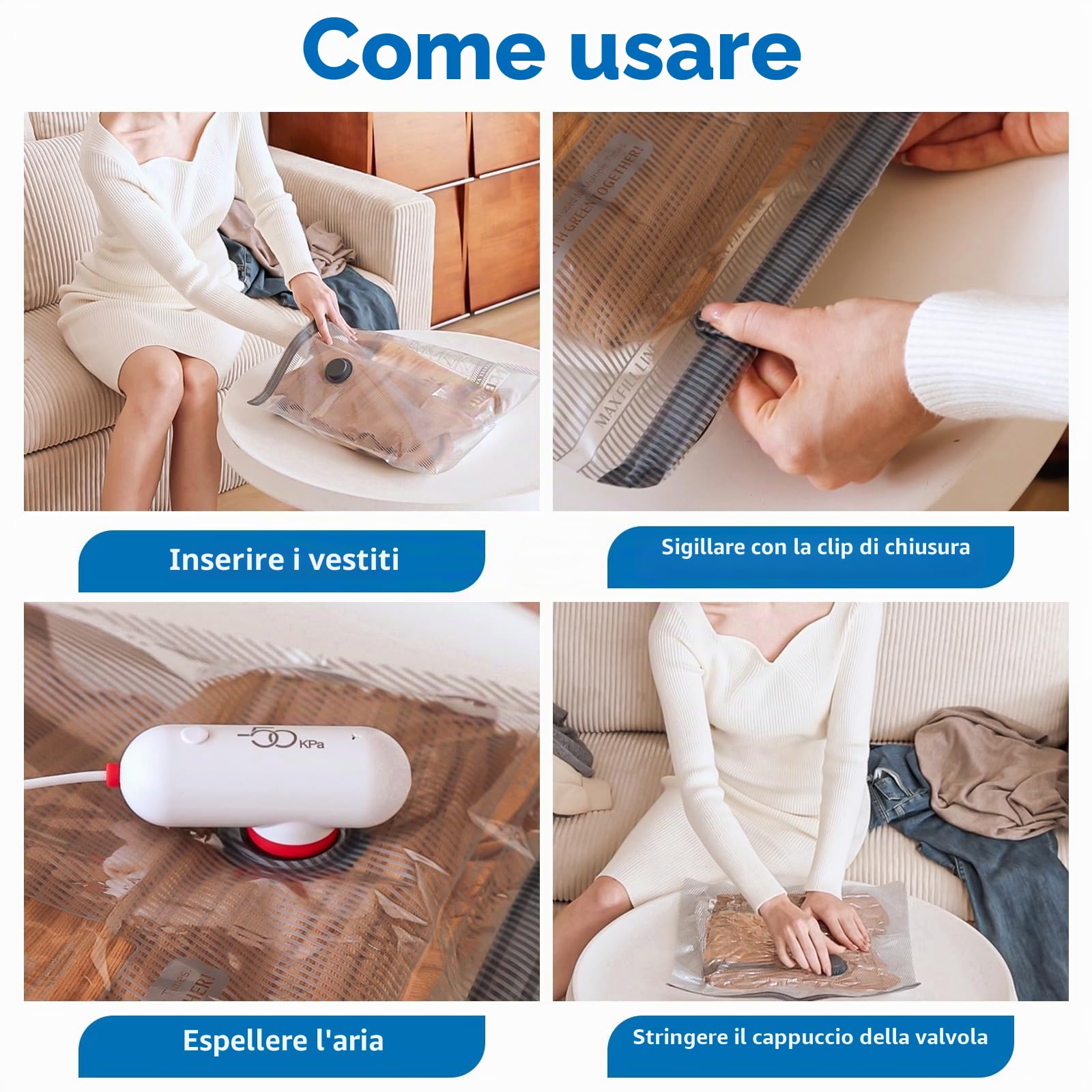 Sacchetti Sottovuoto Vestiti con Pompa USB, 6 Pezzi di Buste Sottovuoto Vestiti (2X 40*40cm, 2X 40*50cm, 2X 40*60cm), Sacchetti Sottovuoto Viaggio Riutilizzabili - Essenziali per Viaggio Salvaspazio