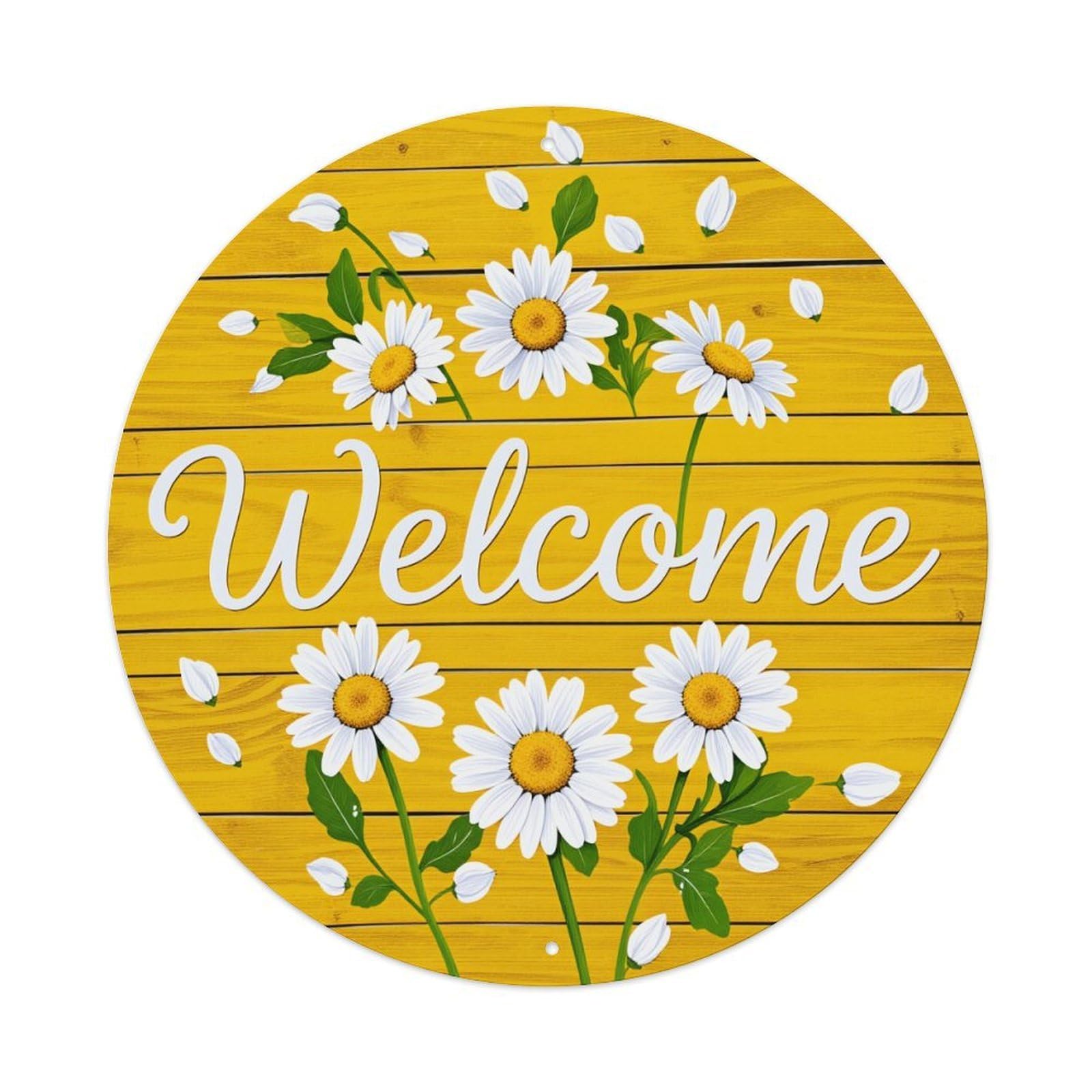 Welcome Daisies Wood Pattern Yellow Round Tin Sign Retro Metal Sign for Cafe Bar Pub Home Game Room Gym Club Wall Decoration Vintage Metal Poster 8x8 Inch