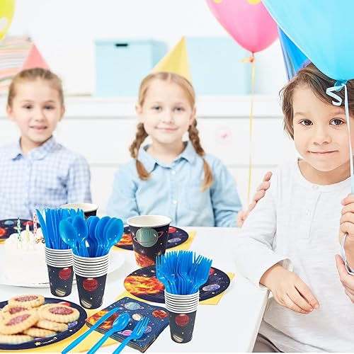 Miniatura 7 de Suministros para fiesta de cumpleaños del espacio exterior, juego de vajilla desechable para fiesta espacial, platos de papel, tazas, servilletas,