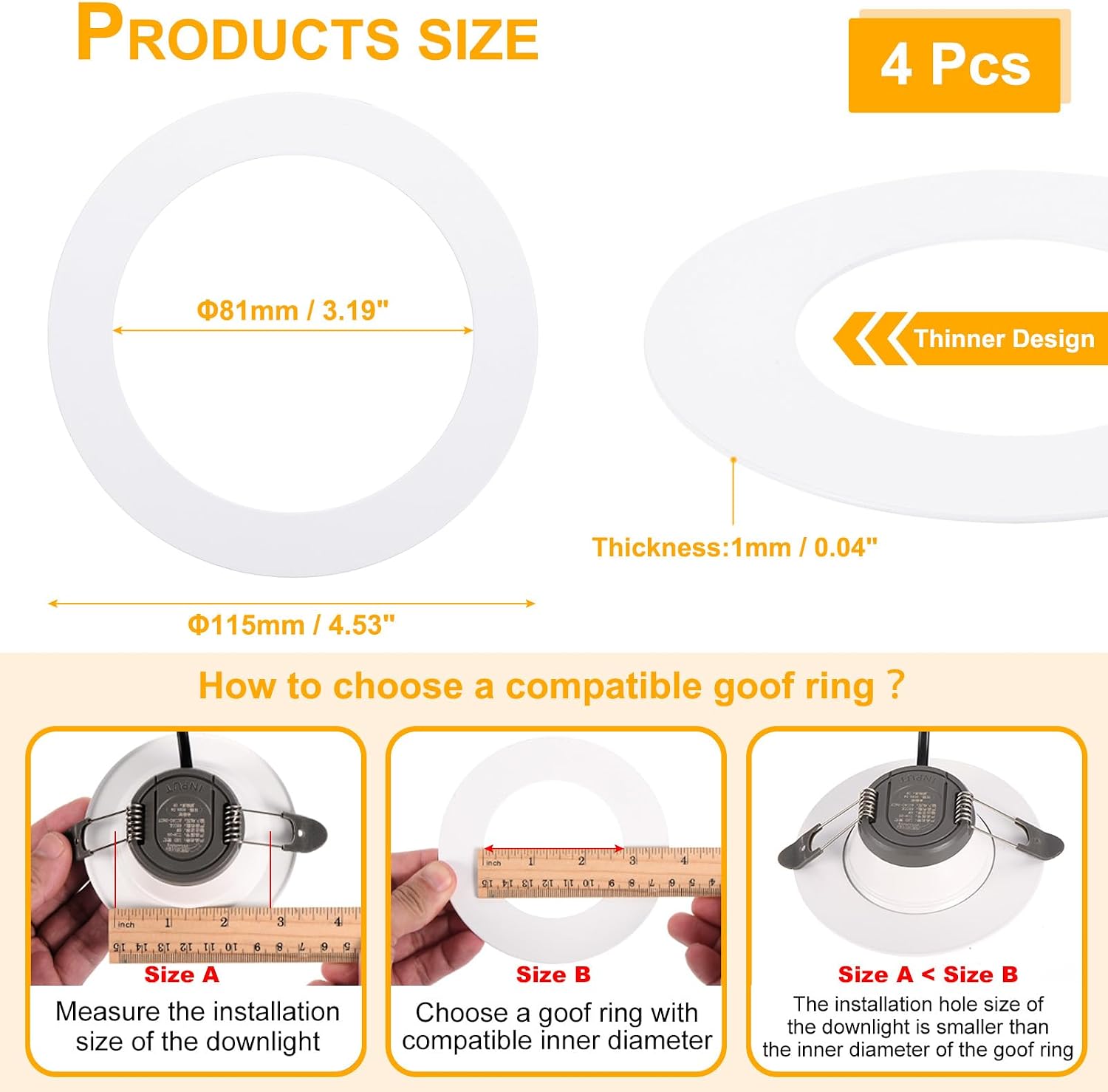 MECCANIXITY Goof Rings for 3 1/2 Inch Recessed Lights, ID 3.2" x OD 4.5", 4 Pcs Metal Goof Rings Cover Recessed Light Trim for Ceiling Wall Fixtures Can Lighting Down Light LED, White
