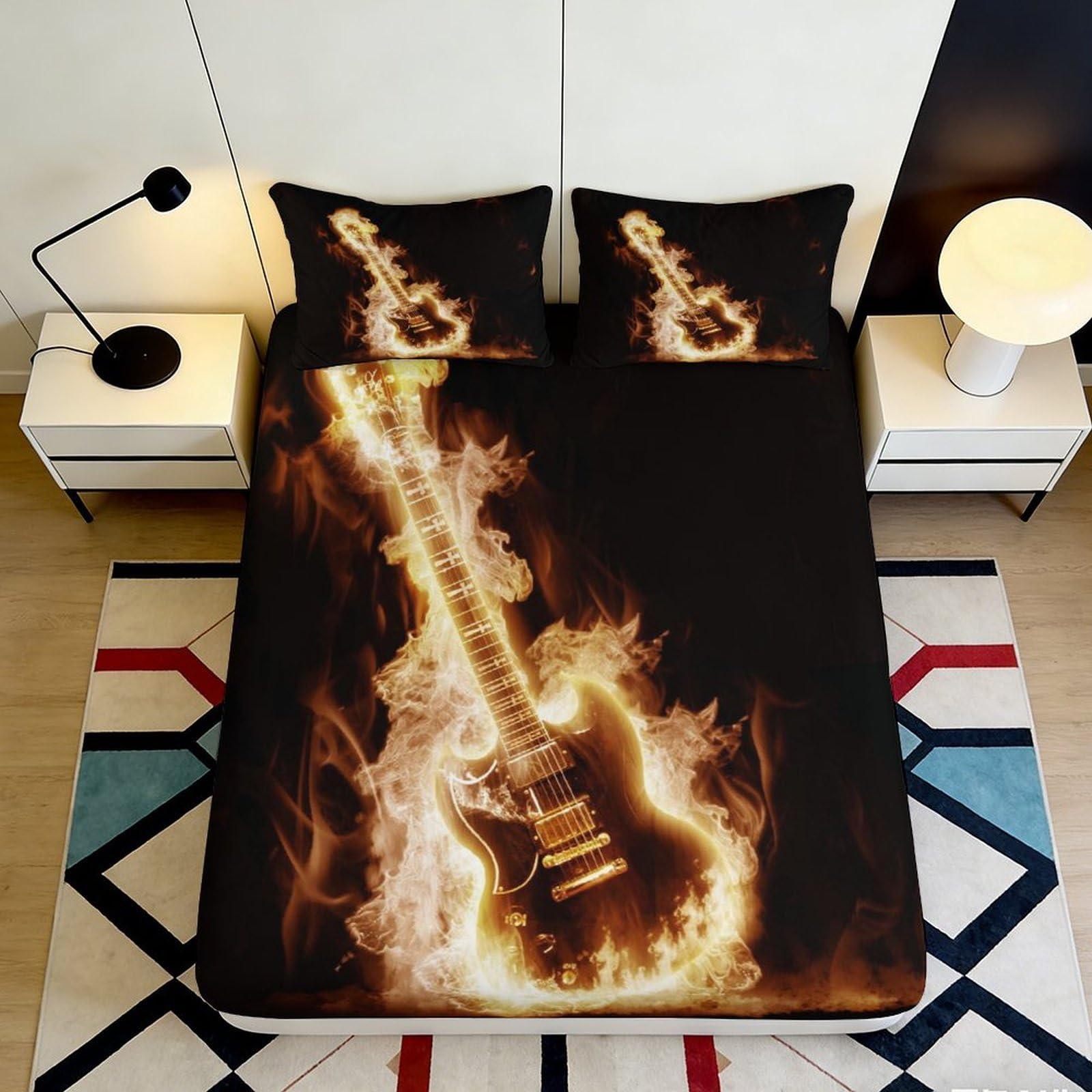 3D Printed Flaming Electric Guitar Fitted Sheet Microfiber Soft Anti-Slip Bed Cover for Bedroom Dorm Mattress Decor 160x200x25cm