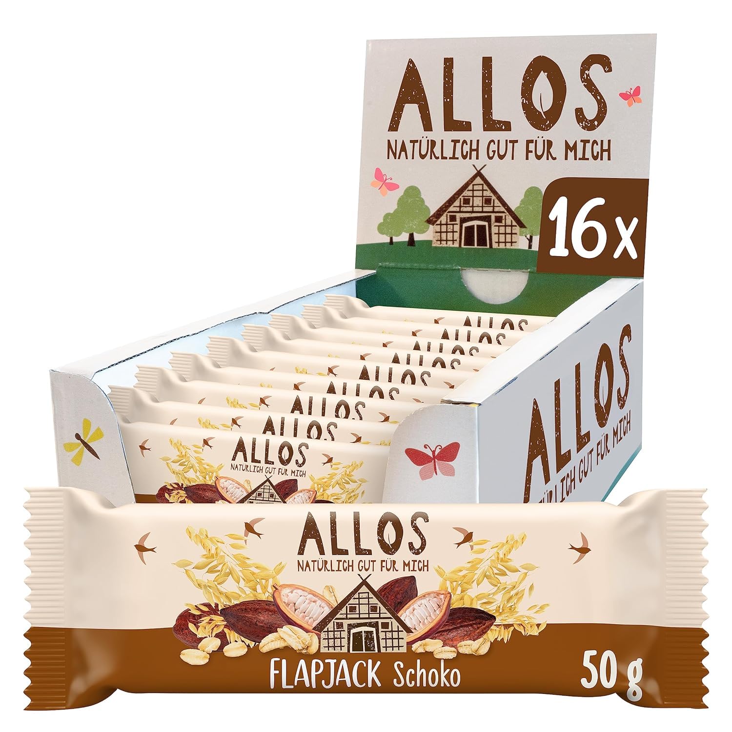 Allos Hafer Flapjack Schoko | Bio Energieriegel vegan | 16 x 50g | Saftiger Hafer-Riegel mit Schoko | vegan | Sport- & Energieriegel für unterwegs