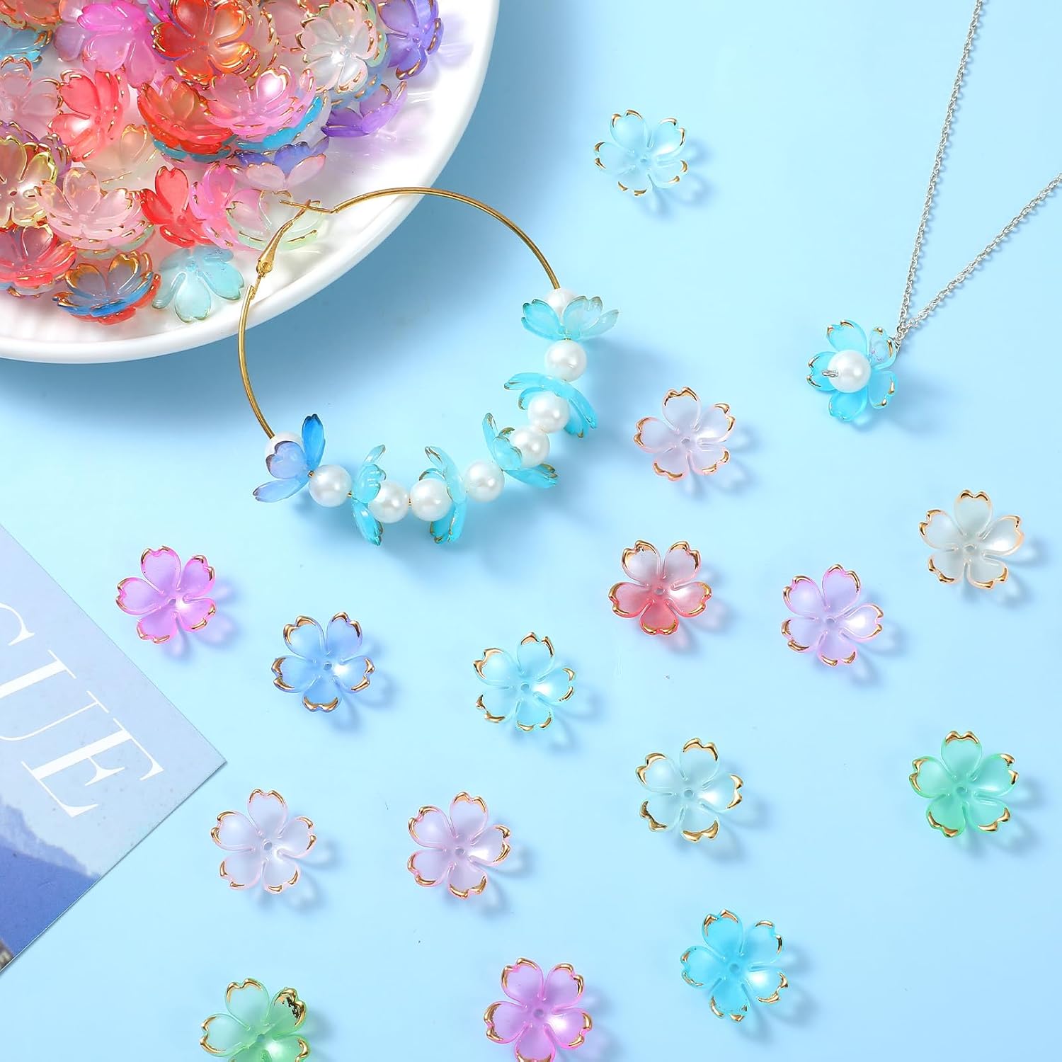 100 Pcs Flower Beads, 5-Petal Acrylic Spacer Beads Mini Golden Edge Floral Shaped Bead for Making DIY Craft, Jewelry Charms, Bracelets, Necklaces, Earrings (Colorful Gradient) - Image 2