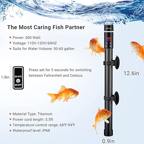 Miniatura 2 de INKBIRDPLUS Calentador sumergible de acuario de 300 W, termostato automático de tanque de peces de titanio con lectura digital de temperatura LED y