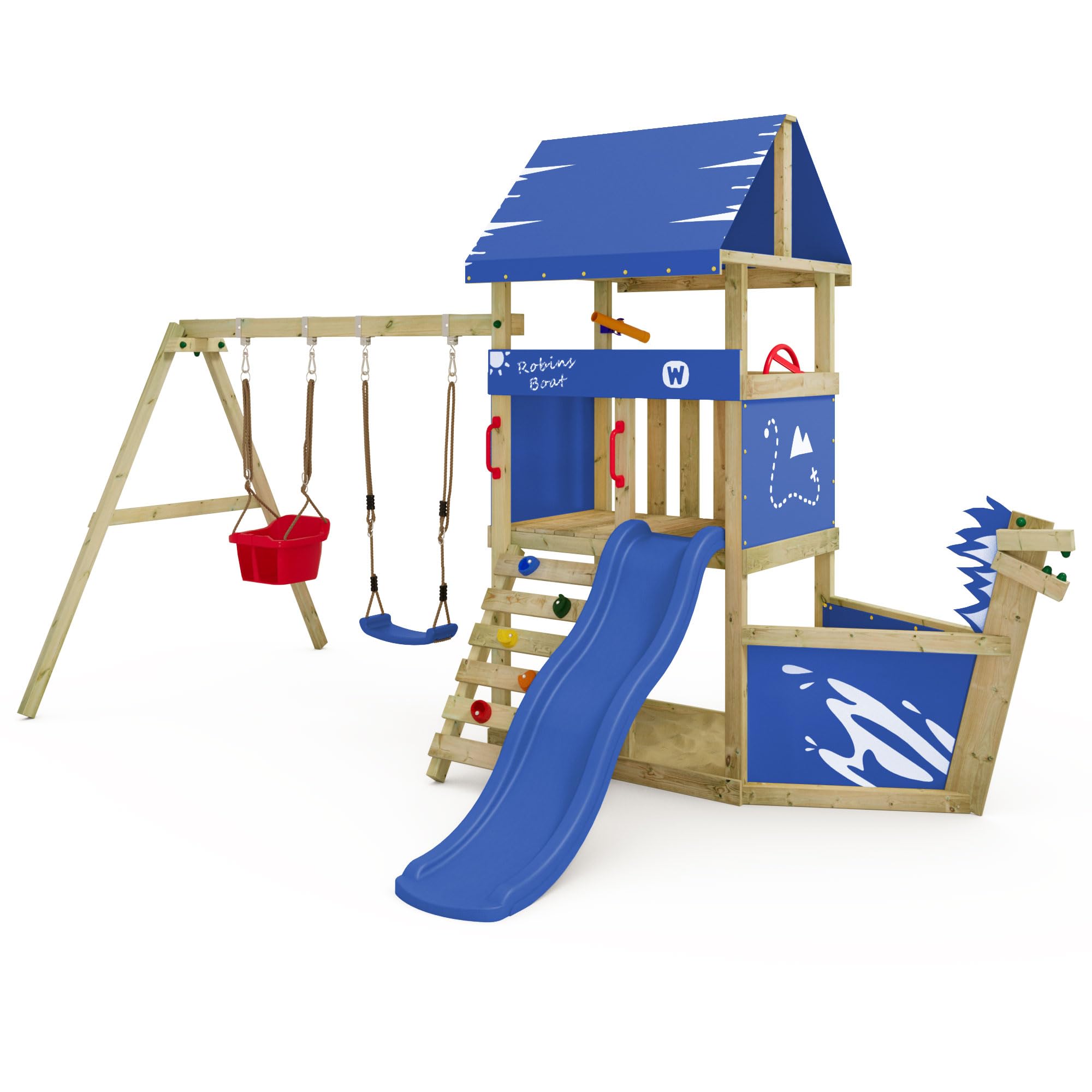 Wickey Parco giochi DinkyHouse con naso di nave - con scivolo & telone blu - Torre di arrampicata per bambini per il giardino in legno massiccio - 372x317x247 cm