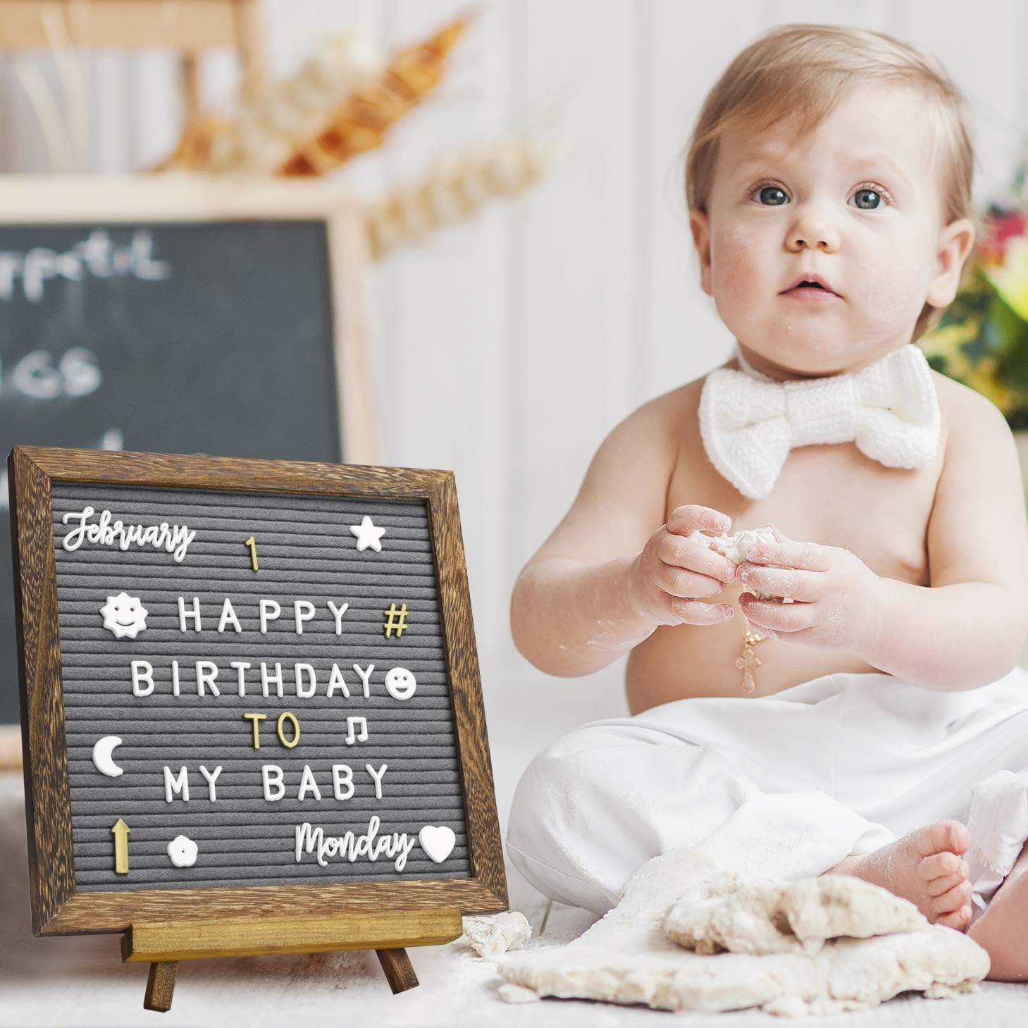 Rustic Wood Frame Felt Letters Boards Sign, Changeable Message Bulletin Announcement Letterboard, Vintage Farmhouse 10x10 Double Sided, for Home, Office, Baby, Pregnancy, White/Gold Lettering