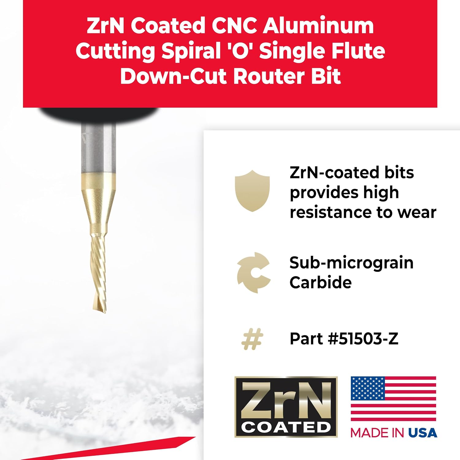 Amana Tool 51503-Z SC Spiral O Single Flute, Aluminum Cutting 1/8 D x 1/2 CH x 1/4 SHK x 2 Inch Long Down-Cut ZrN Coated Router Bit with Mirror Finish