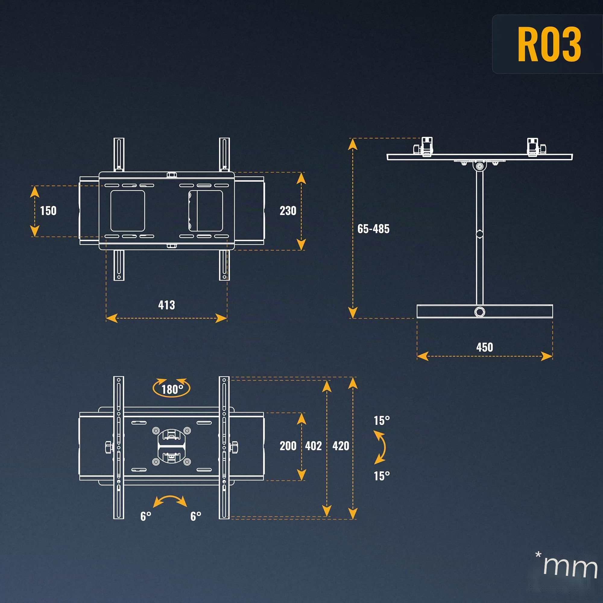 RICOO Soporte TV Pared Giratorio Inclinable Televisión 32-65" (81-165cm) R03 Brazo Universal Televisor LED/LCD/Curvo VESA 200x200-400x400 Negro