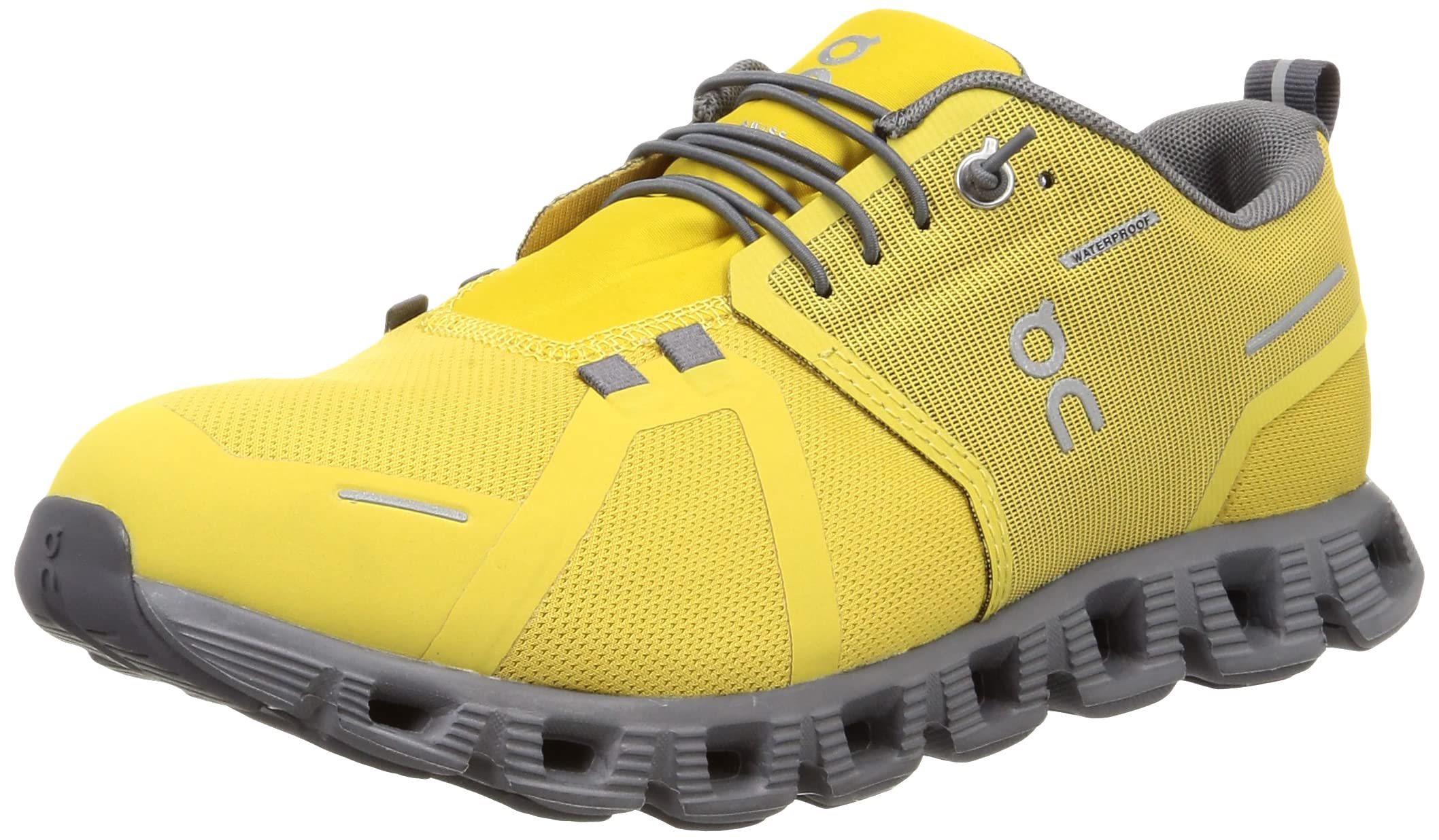 ON Men's Cloud 5 Waterproof Sneakers, Mustard/Rock, 9.5
