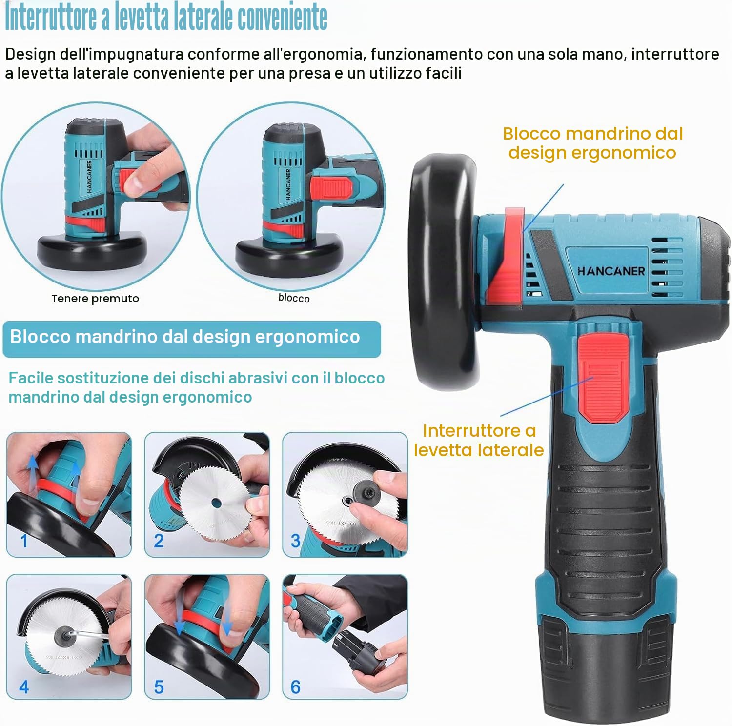 Hancaner Mini Smerigliatrice ad angolo senza fili 19500 RPM 12V Professional Dischiatore Senza Fili | 2 Batteria 2.0 Ah | 6 Dischi da Troncare 76mm | Smerigliatrice Angolare Senza Fili per Rettifica e