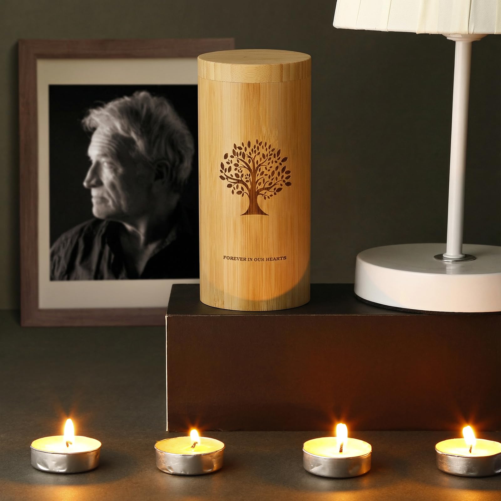 Urnas Grandes para Cenizas humanas con Tapa de Rosca, urnas de cremación de bambú para Cenizas Adultos,Urna para esparcir cenizas con patrón de árbol de la Vida,13*28cm,con bolsa con cordón