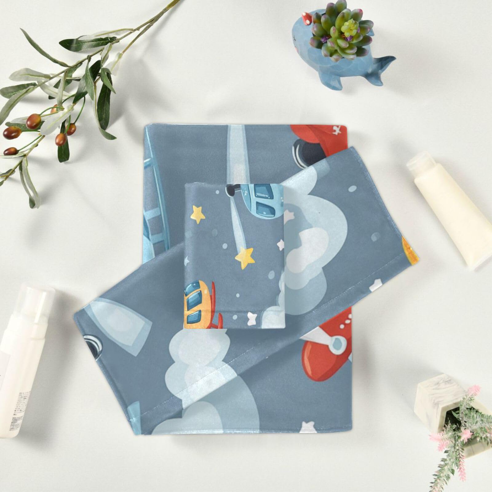 Helikopter Sterne Wolke Silber Dekorative Gesichtshandtücher Set 3-teilig, 1 Badetuch, 1 Handtuch, 1 Waschlappen für Zuhause, Küche, Familie