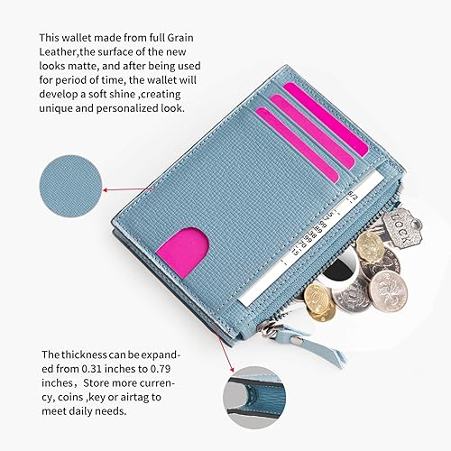Miniatura 4 de Cartera delgada para mujer, pequeña cartera de cuero con bloqueo RFID, tarjetero minimalista con bolsillo frontal con monederos y bolsas, Azul,