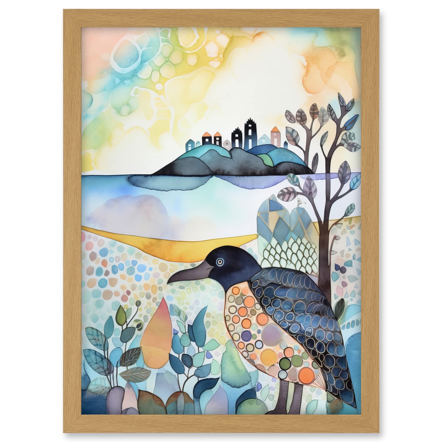 Artery8 Coastal Island Wildlife Folk Art Watercolour Painting Artwork Framed A3 Wall Art Print