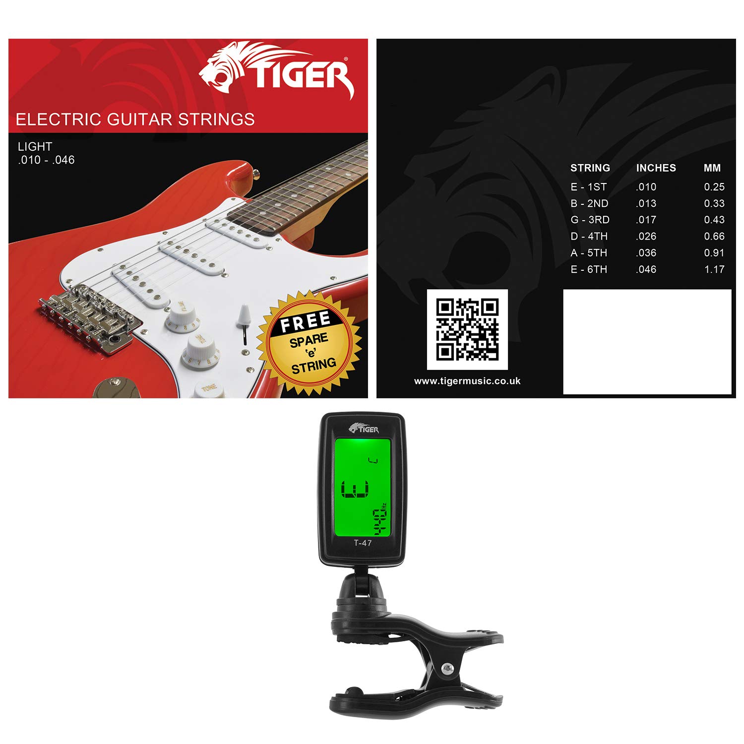 Tiger EGT2-BK pełnowymiarowy zestaw gitary elektrycznej czarny | Gitara elektryczna z paskiem, zapasowymi strunami, kostkami, ramieniem tremolo i pokrowcem. Idealna dla początkujących.