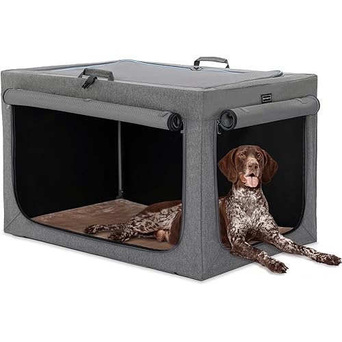 Petsfit 39.5 Inch Fabric Dog Crate, Adjustable Design Soft Kennel with Chew Proof Mesh Windows & Thicken Mat, Ideal for Indoor & Outdoor Travel Grey