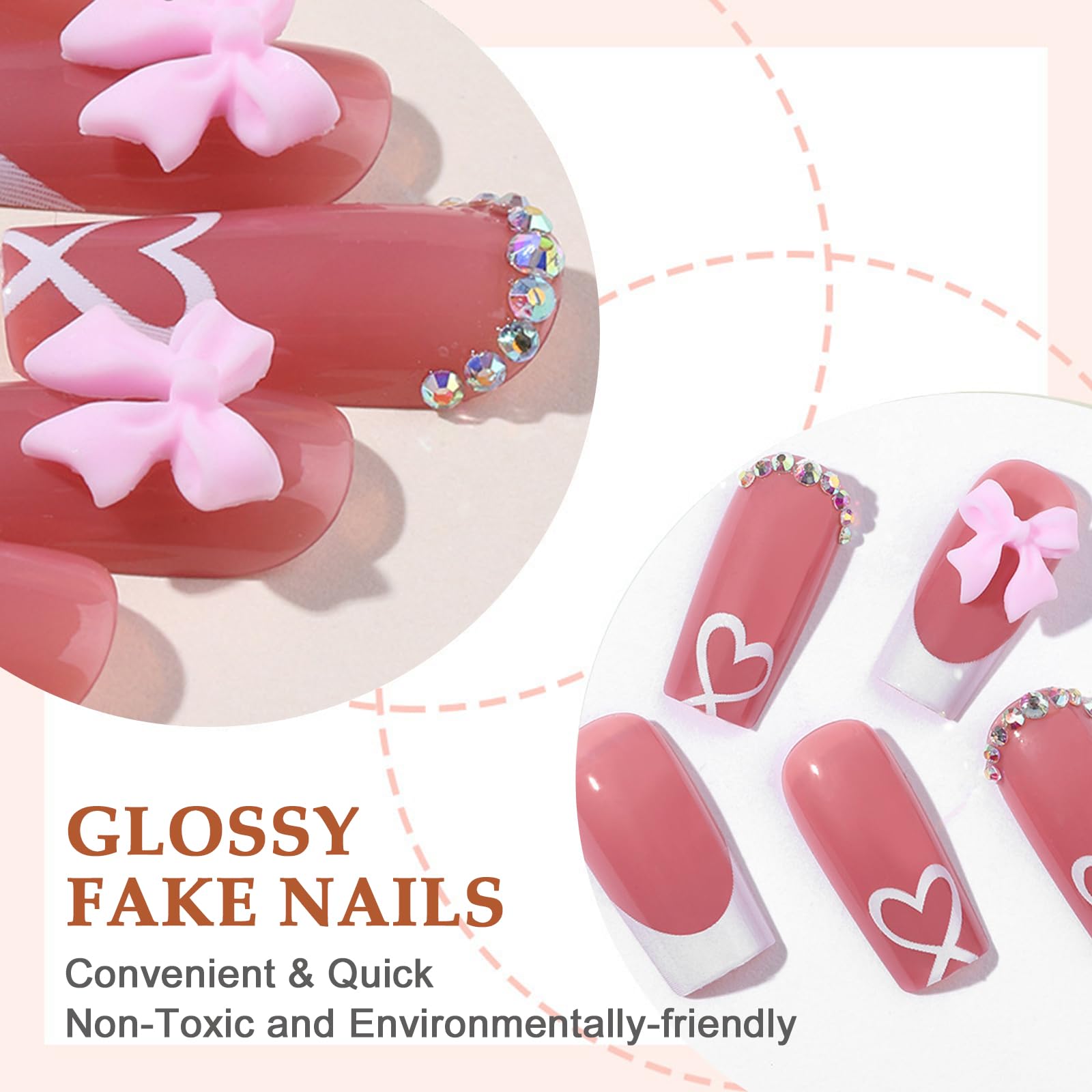Viugex 24Pcs Pink Press on Nails Long Coffin, White French Tip False Nails with 3D Bow and Love Designs - Image 3