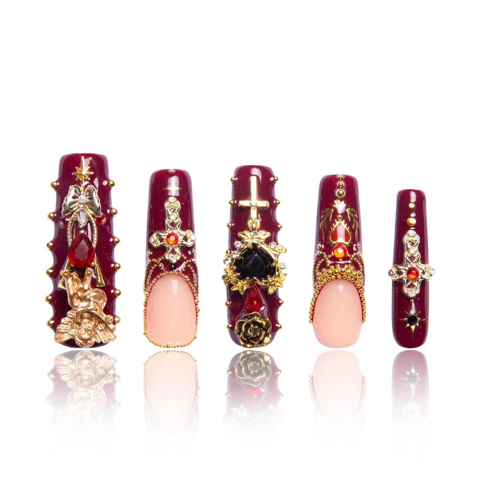 LOVFUL Uñas postizas a presión góticas, hechas a mano con cristales cubiertos completos, uñas postizas reutilizables, cuadradas, d