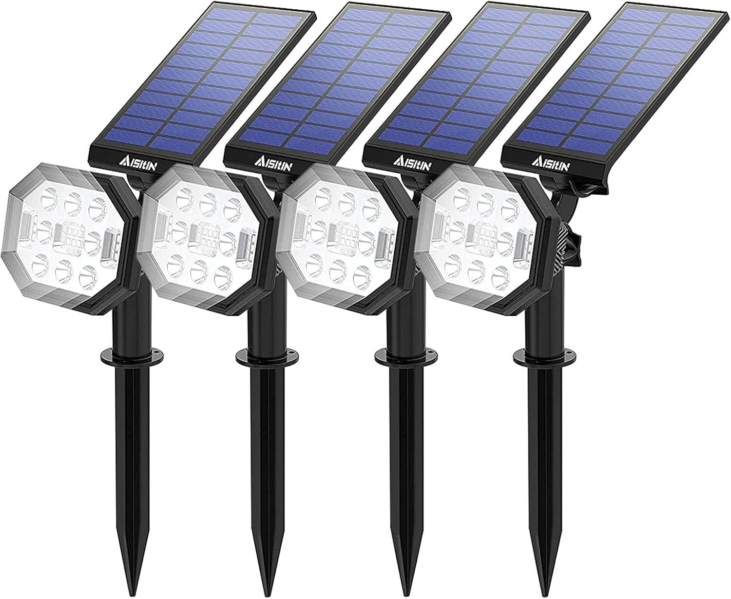 AISITIN Luces Solares Led Exterior Jardin, 4 en 1 Luz Solar Exterior para Jardin, IP65 Luces Solares Impermeables, Luz de pared Ajustable para Jardín, Césped, Pared - Blanco Frío (4 Pack 22 LE