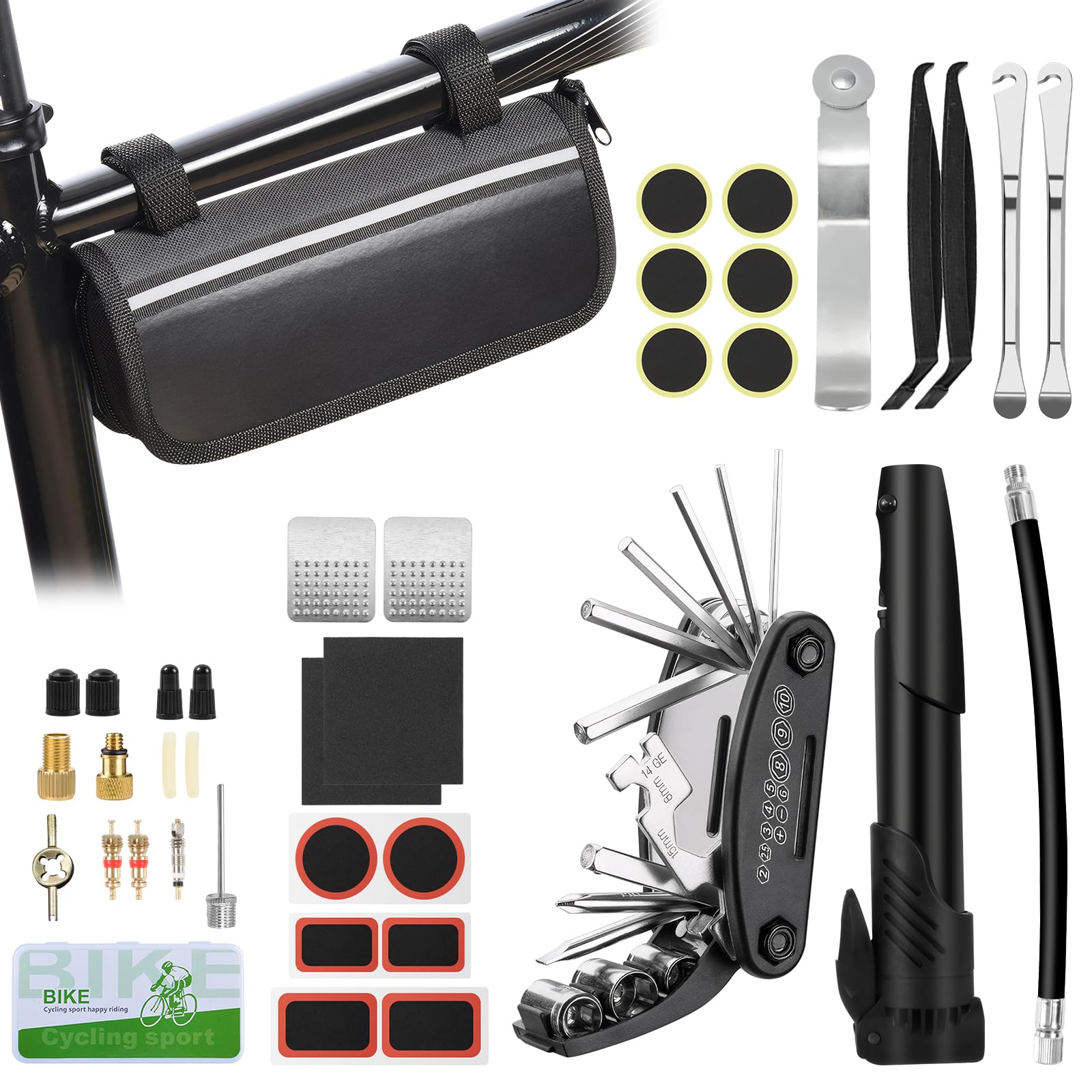 Ninonly Fahrrad Reparaturset 38Pcs Fahrrad Notfallset mit 16-in-1 Fahrrad Multitool Fahrradwerkzeug für Unterwegs Fahrradpumpe und Alles was Du Brauchst, für Mountainbike Rennrad Travel Tool Kit