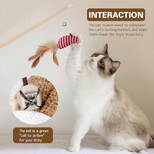 Miniatura 7 de Juguetes para gatos de interior 3 varitas de madera natural de 16 pulgadas con recambios para ejercicio y juego de gatitos, 5 palitos de hierba