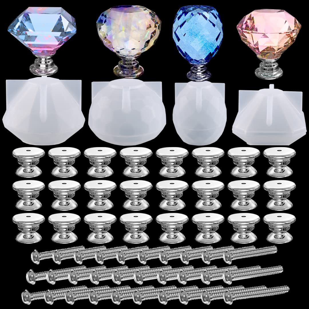 4 Pcs Cabinet Knob Resin Mold Polygonal Body Drawer Handle Accessories Mold DIY Crystal Cabinetry Epoxy Mould, Drawer Handle Home Decor with 24 Base + 25mm.30mm.35mm Drawer Screws Ten Each