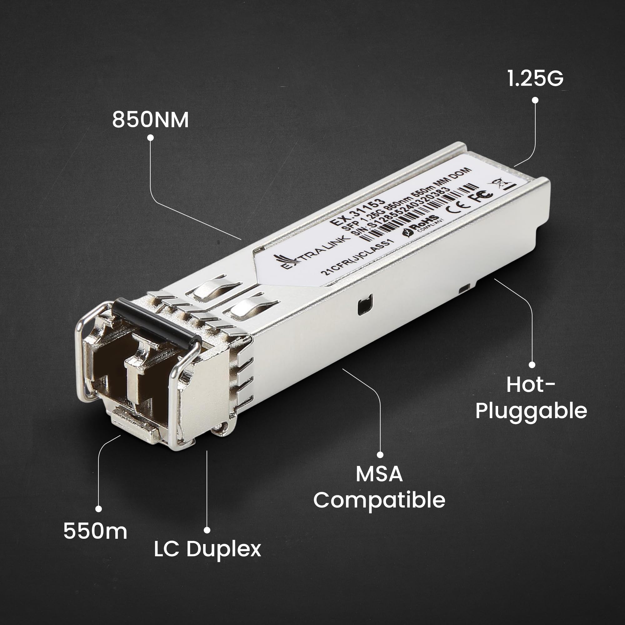 Extralink SFP Modul 1.25G LC Duplex Multimode 850 nm 550 m MSA-kompatibel – Für Cisco, Ubiquiti UniFi, Netgear, Cisco, MikroTik, TP-LINK, Switches, Router, CCTV, Rechenzentren, Glasfaser, OM3/OM4