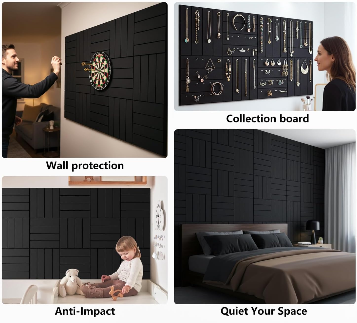 Large Felt Wall Tiles Bulletin Board 59”x36”,Large Cork Board Alternative with 60 Pushpins, 15-Pack Felt Pin Board with 112 Safe Removable Adhesive Tabs for Home Office School (Black)