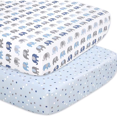 The Peanutshell Elephant Fitted Crib Sheet Set for Baby Boys or Girls, 2 Pack Unisex Set