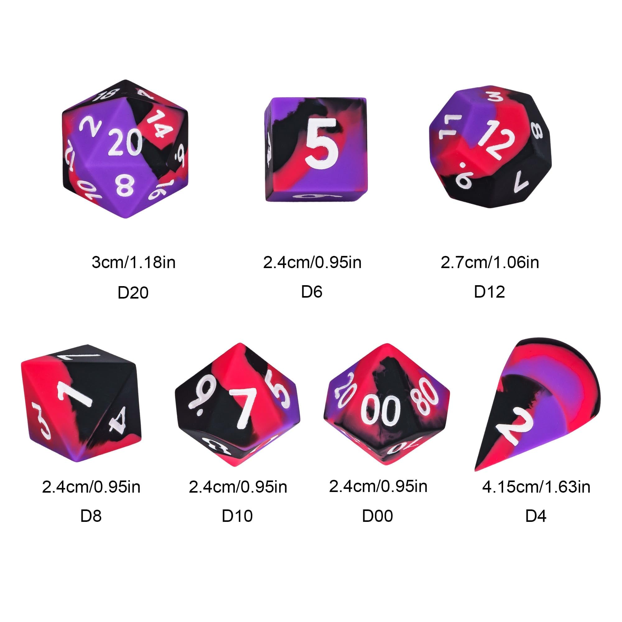 Set di 7 dadi jumbo in silicone per DND, 25 mm, con bordi rotondi, morbidi e perfetti, per giochi di ruolo di D&D, bar, pub, club, aule, feste (viola, nero, rosso)