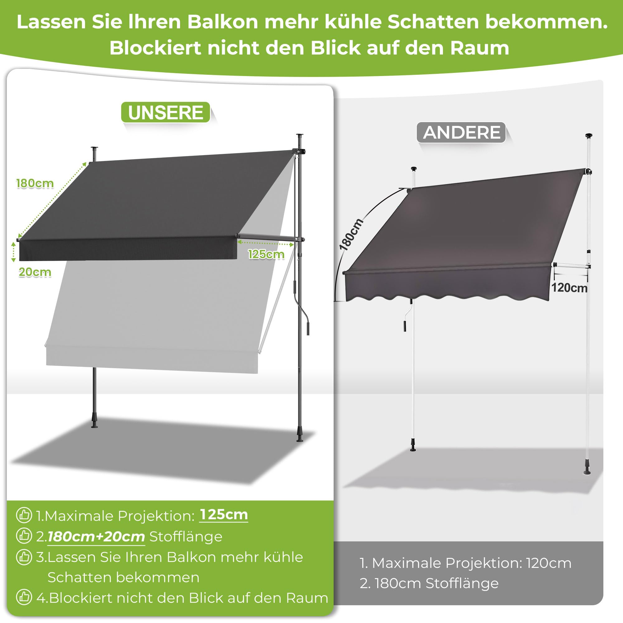 BelleMax Klemmmarkise ohne Bohren mit Handkurbel, 2026 Upgrade 2-in-1-Balkonmarkise UV-beständig höhenverstellbar & wasserabweisend, Sonnenschutz für Balkon Terrasse & Garten Anthrazit 300 cm x 125 cm