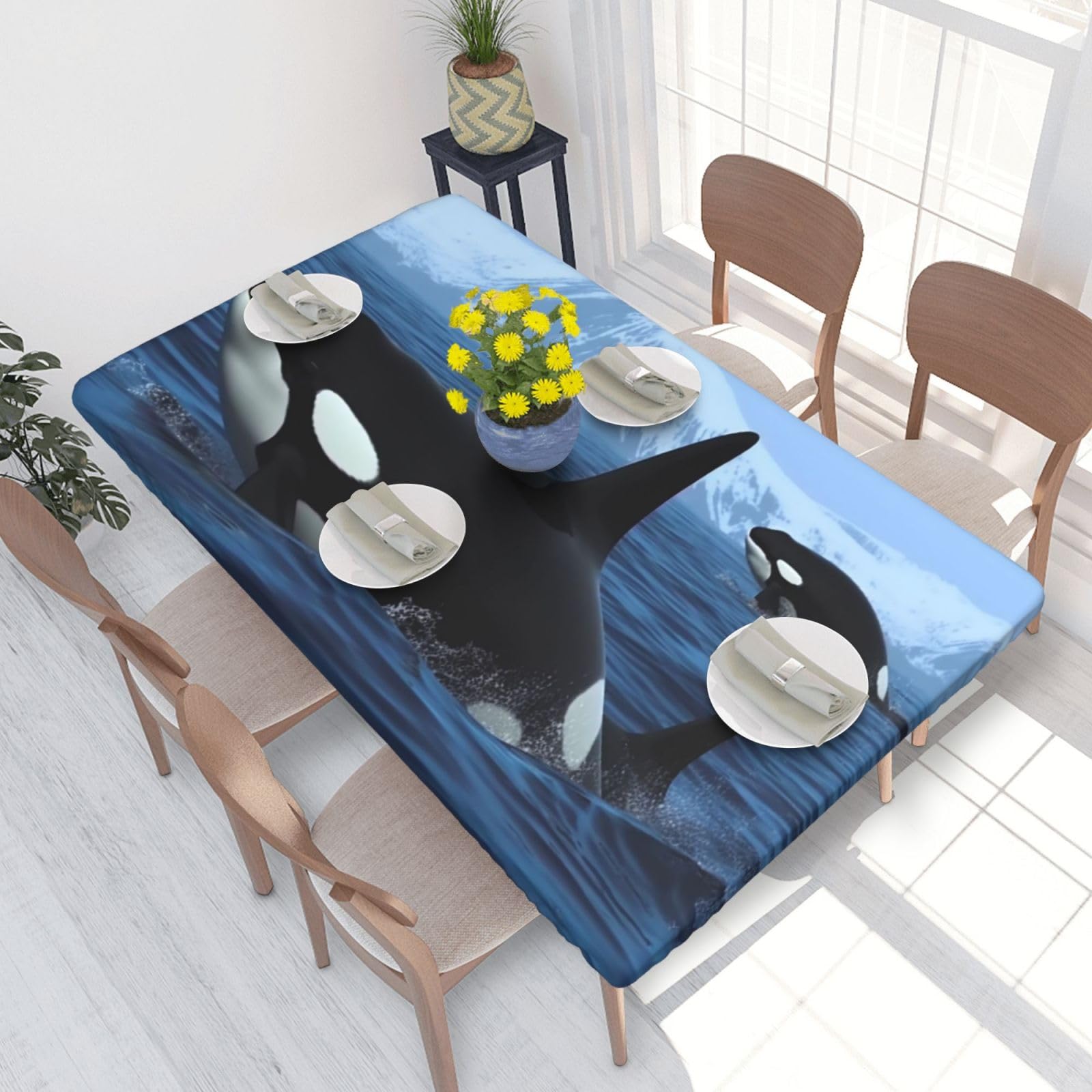 Killer Whales Swim Along Waterproof Square Table Cover Elastic Fitted Tablecloth Oil Proof Table Protector For 4ft Table