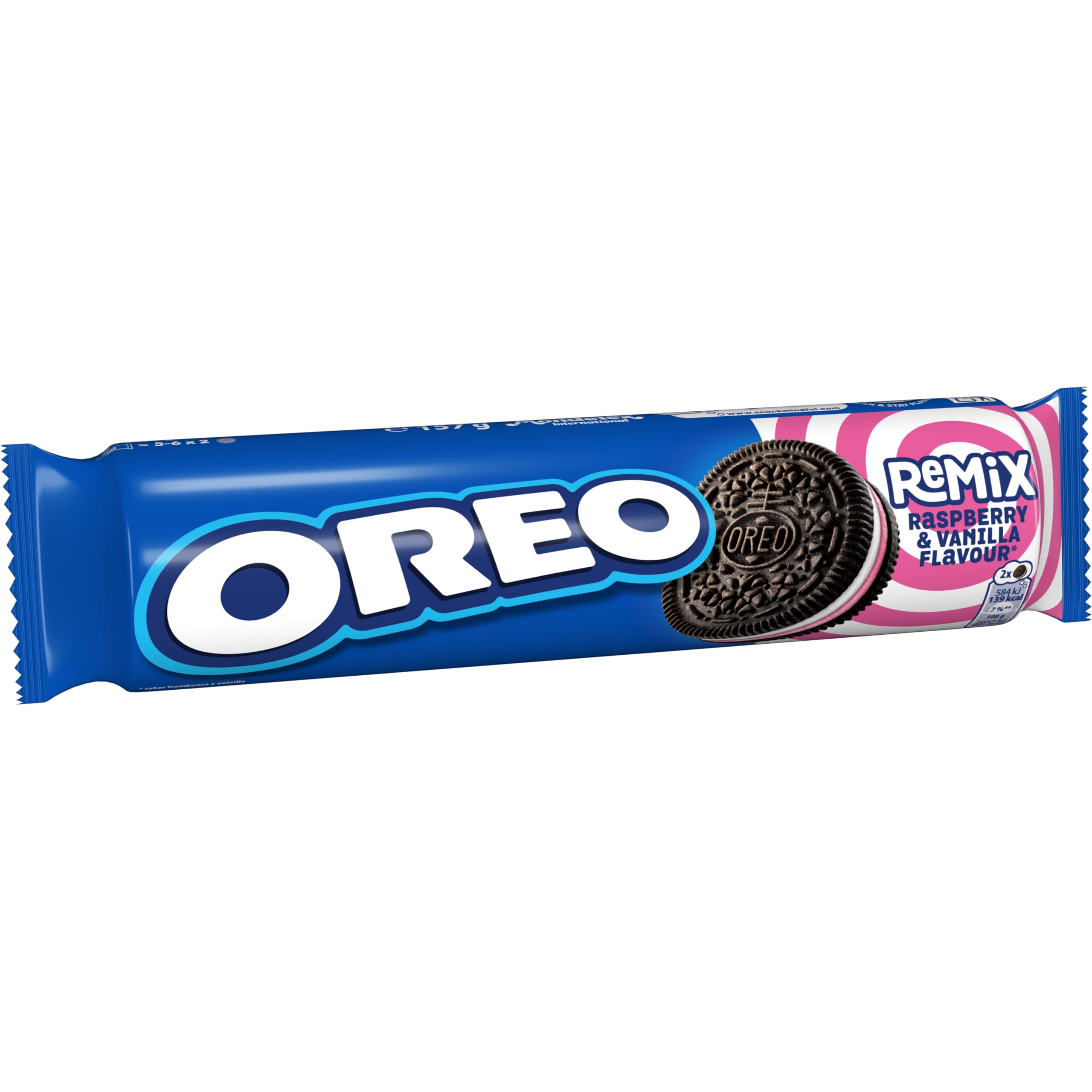 Oreo Remix Galletas Rellenas de Crema Sabor Frambuesa y Crema Sabor Vainilla, el Sabor más Innovador, Paquete de 157 g
