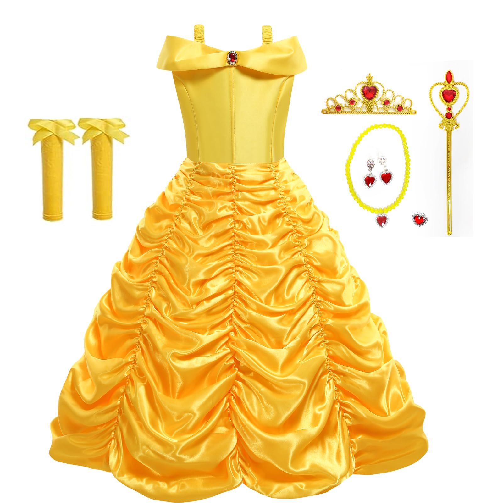 Disnnie Vestido de niña bella Aurora - vestido de fiesta de princesa dormida vestido de lujo collar de pendientes de cuello de corona brazalete de niña de 2-9 años mangas